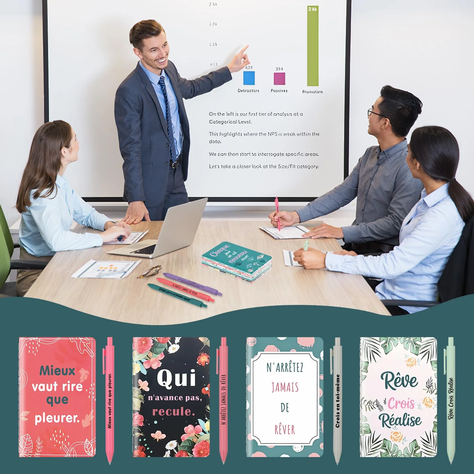 Coffret cadeau 12 pièces carnets stylos bille citations inspirantes