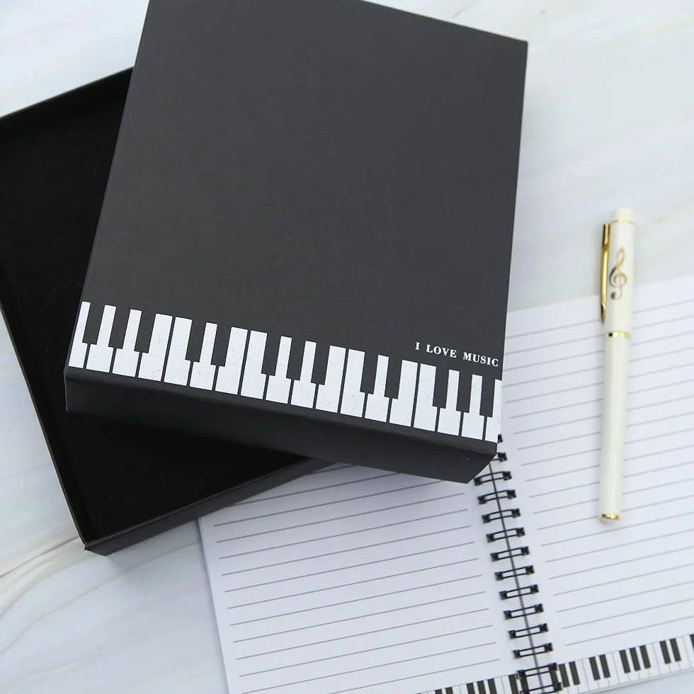 Coffret cadeau papeterie piano musical, carnet spirale feuilles mobiles stylo bille bureau école étudiant