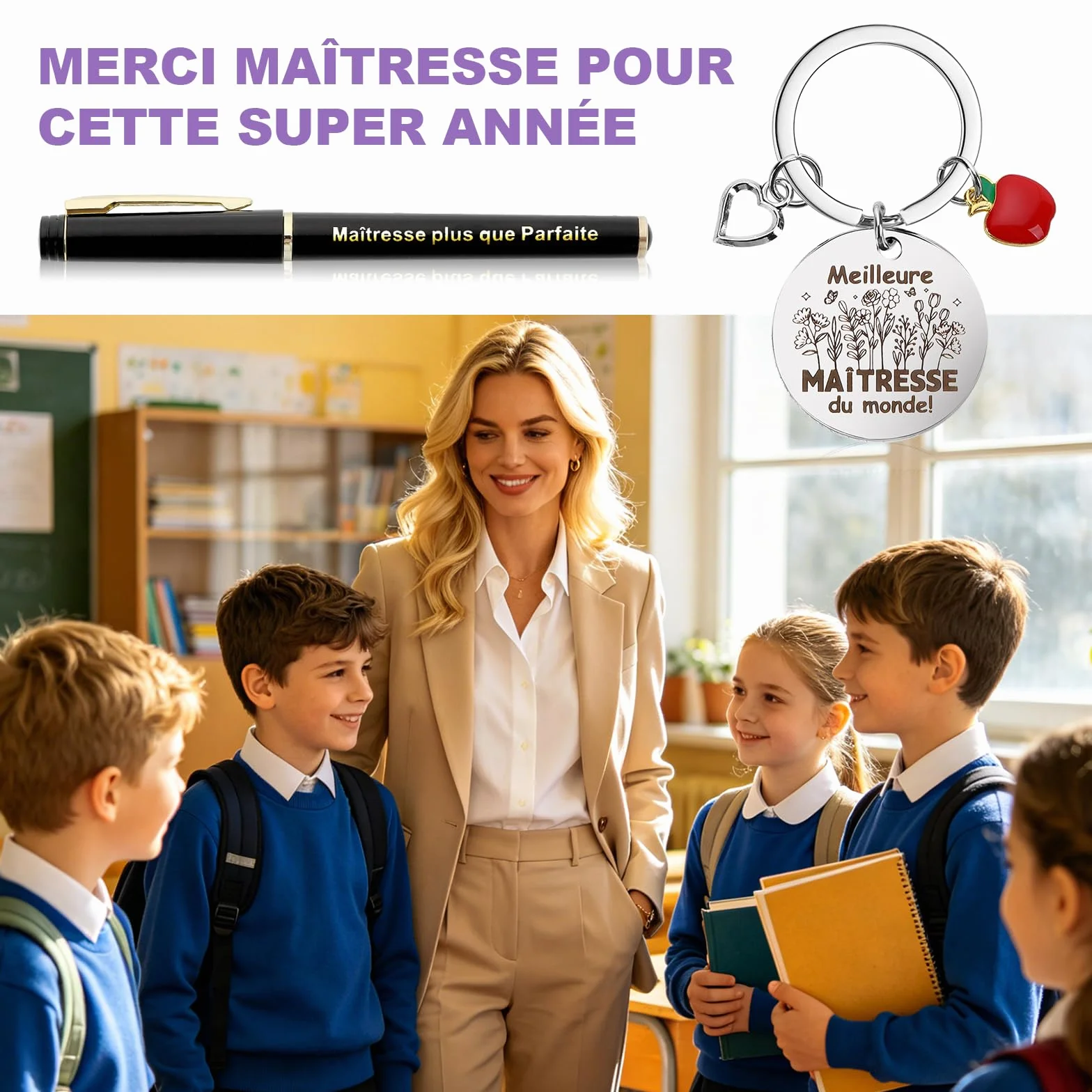Coffret Cadeau Maîtresse d'École Fin d'Année avec Carnet A5, Porte-Clés, Stylo
