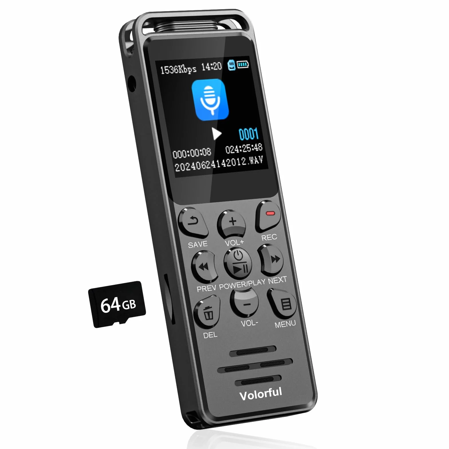 Enregistreur Vocal Numérique 80GB 70H avec Écran Couleur 1,44", Activation Vocale, Lecteur MP3, USB-C