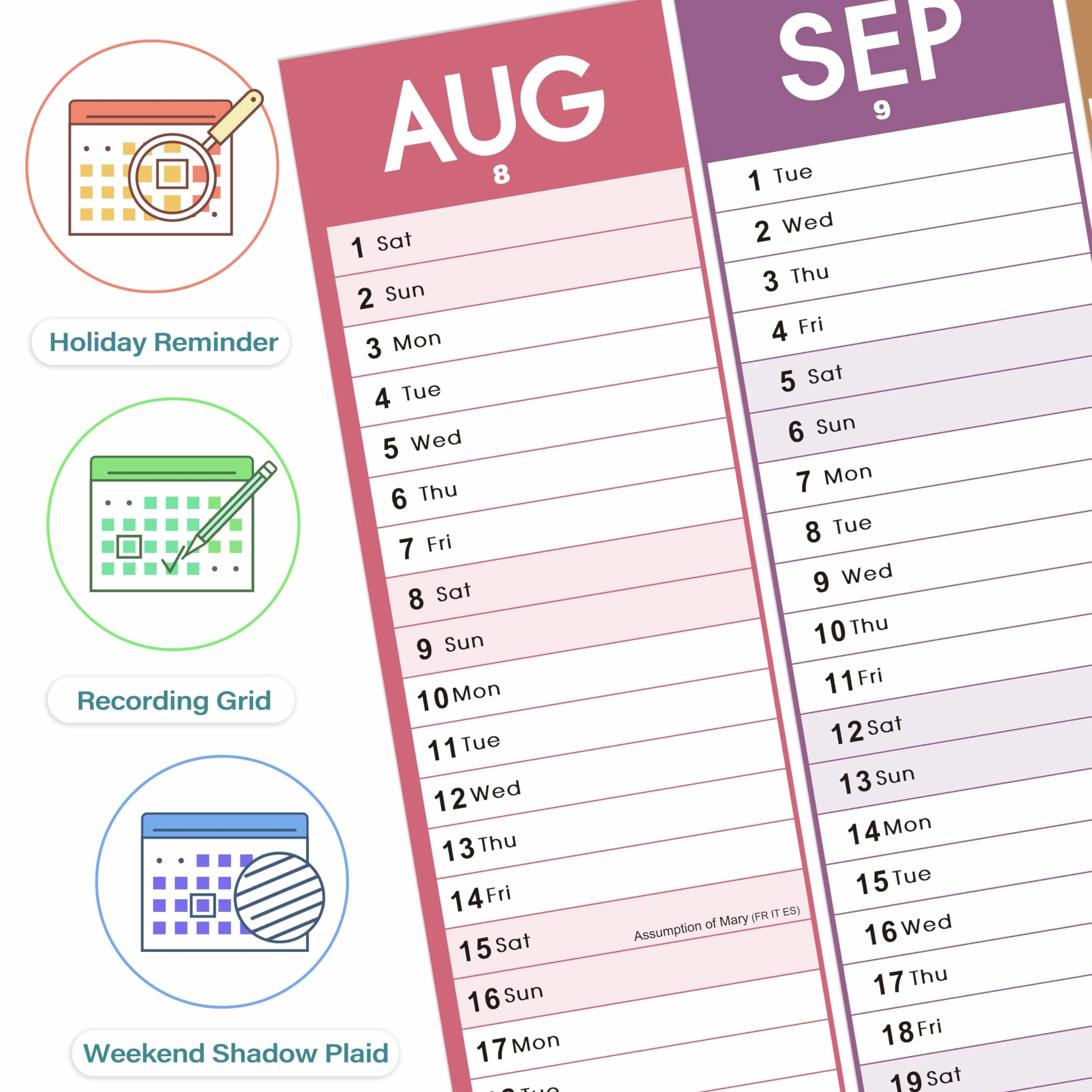 Calendrier mural 2026 grand format britannique 120 x 42 cm XXXL coloré