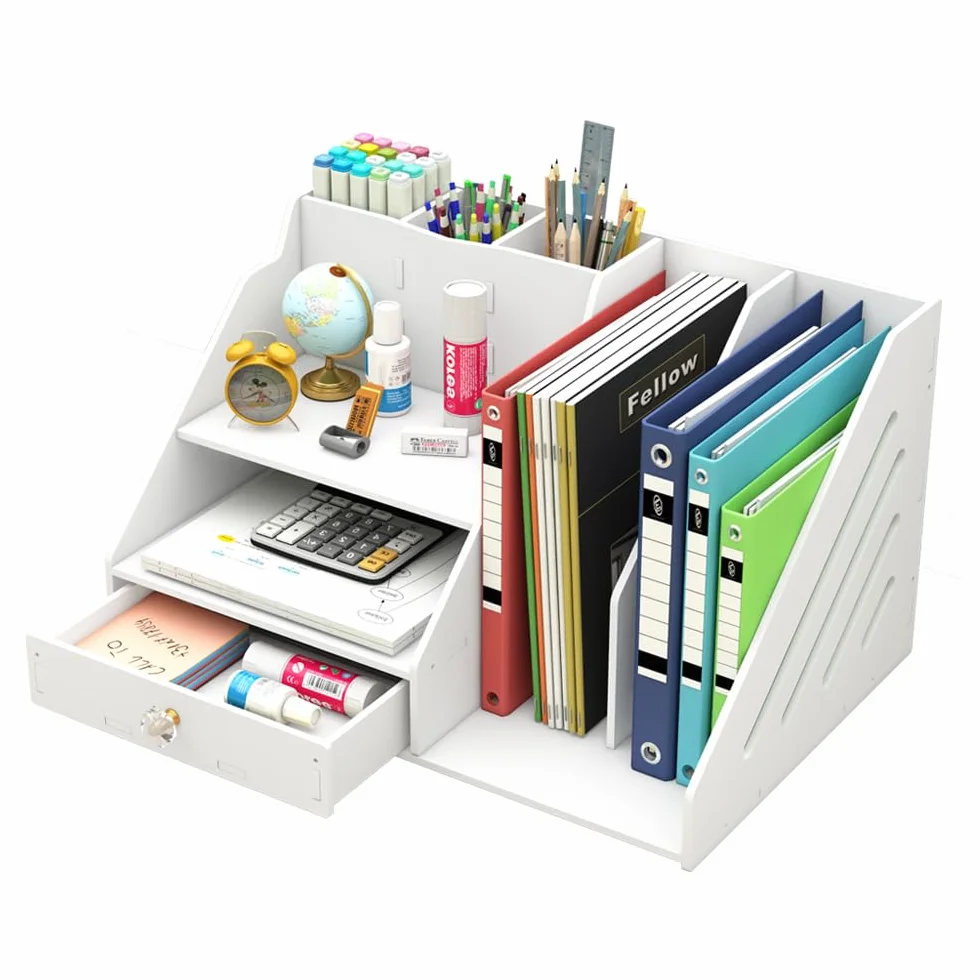 Bureau Organisateur avec Porte Documents et Tiroir, Rangement Blanc 3 Porte Stylos