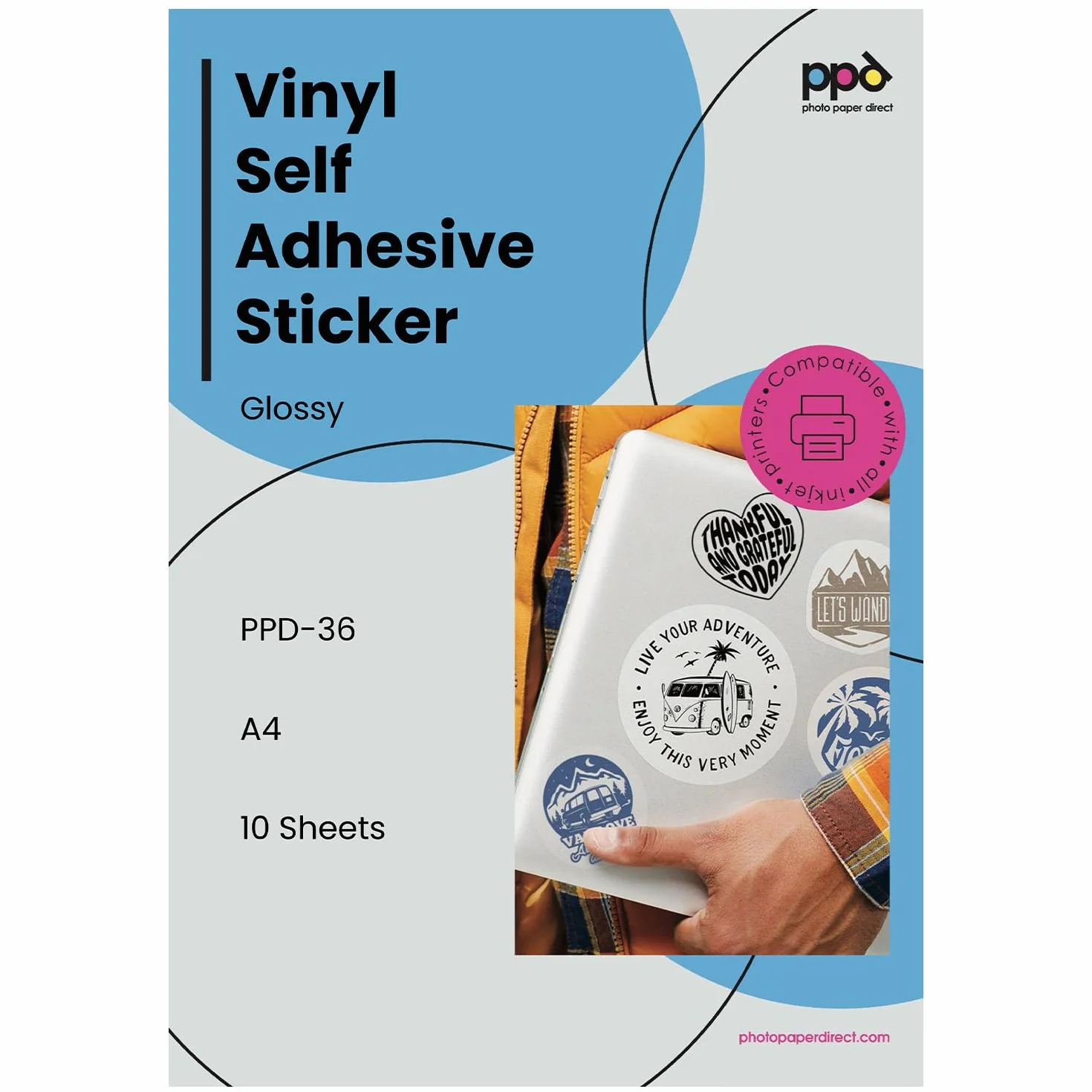 PPD A4 x 10 Films Autocollants Personnalisables Fini Brillant Revêtement Microporeux pour Impression Photo Jet d'Encre Stickers Premium PPD-36-10