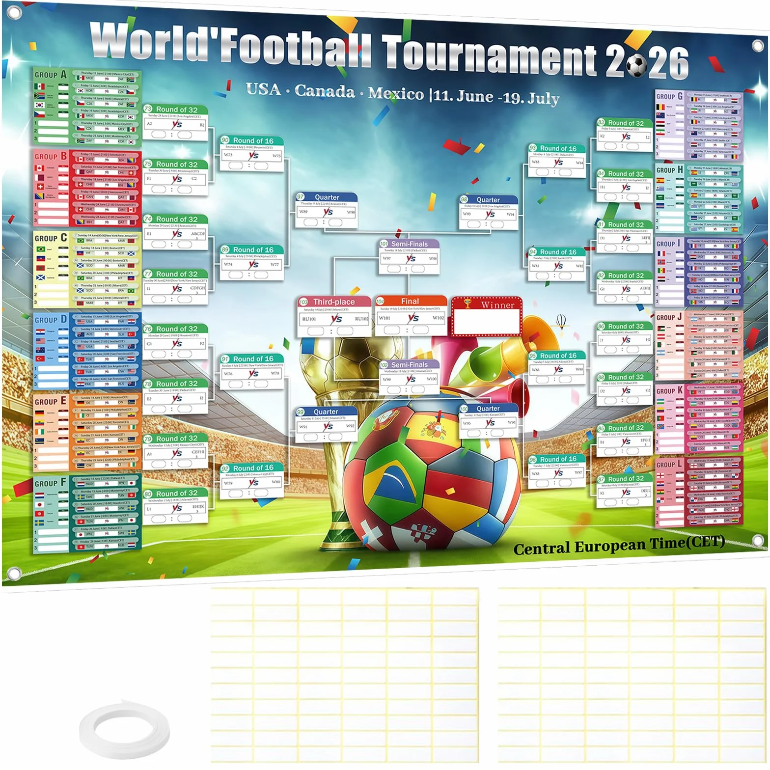 Calendrier Coupe du Monde 2026 150x100cm avec autocollants correcteurs et cordon 48 équipes groupes dates éliminations directes