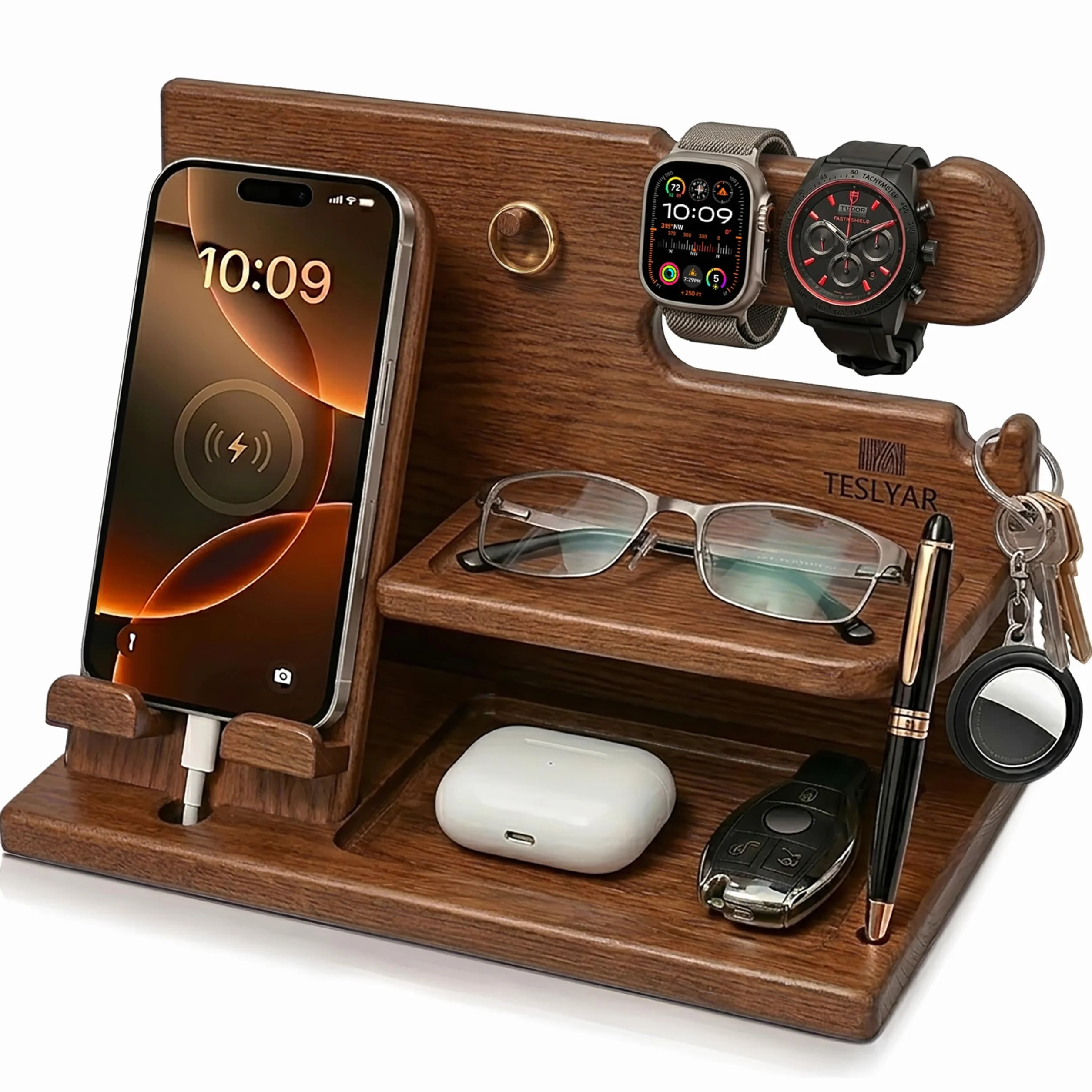 Organisateur de Bureau en Bois avec Support Téléphone et Montre, Station d’Accueil, Docking Station, Beige