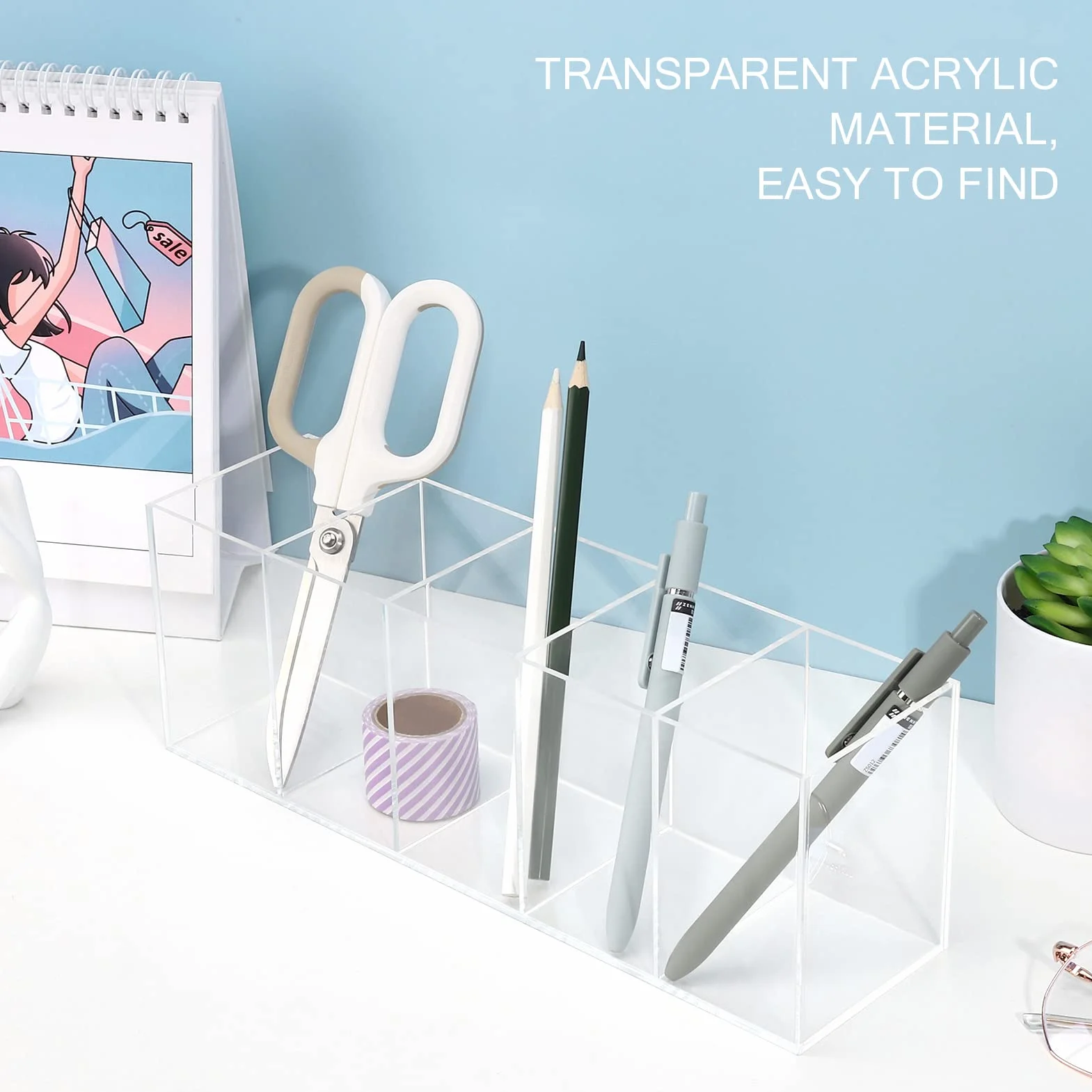 Pot à crayon acrylique transparent 5 compartiments porte-stylo rangement pinceaux maquillage organisateur bureau