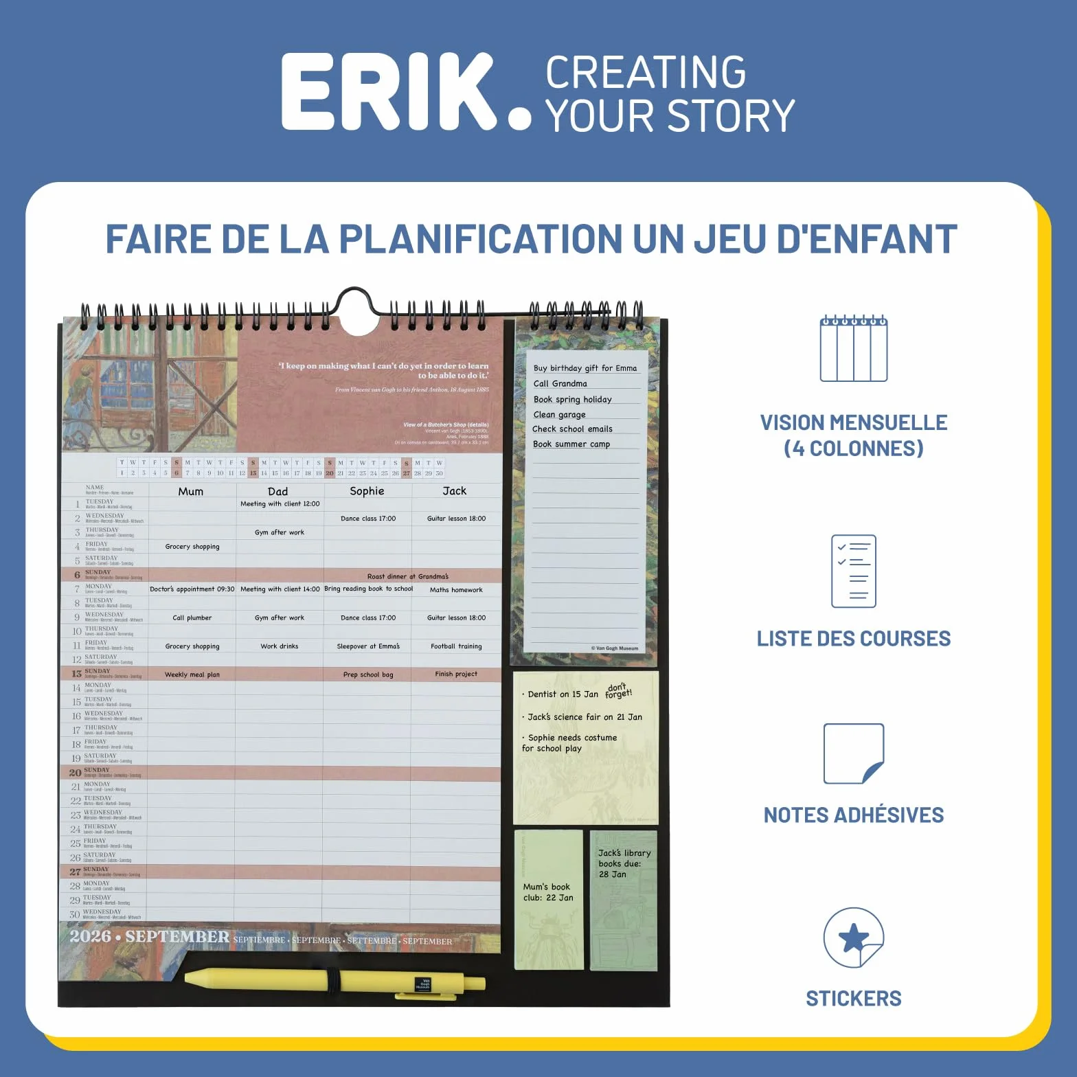 Calendrier Van Gogh 2025 2026 Grupo Erik Planificateur Mensuel 16 mois Familial avec Crochet