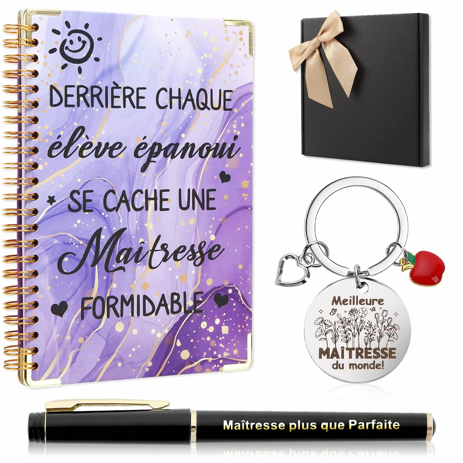 Coffret Cadeau Maîtresse d'École Fin d'Année avec Carnet A5, Porte-Clés, Stylo