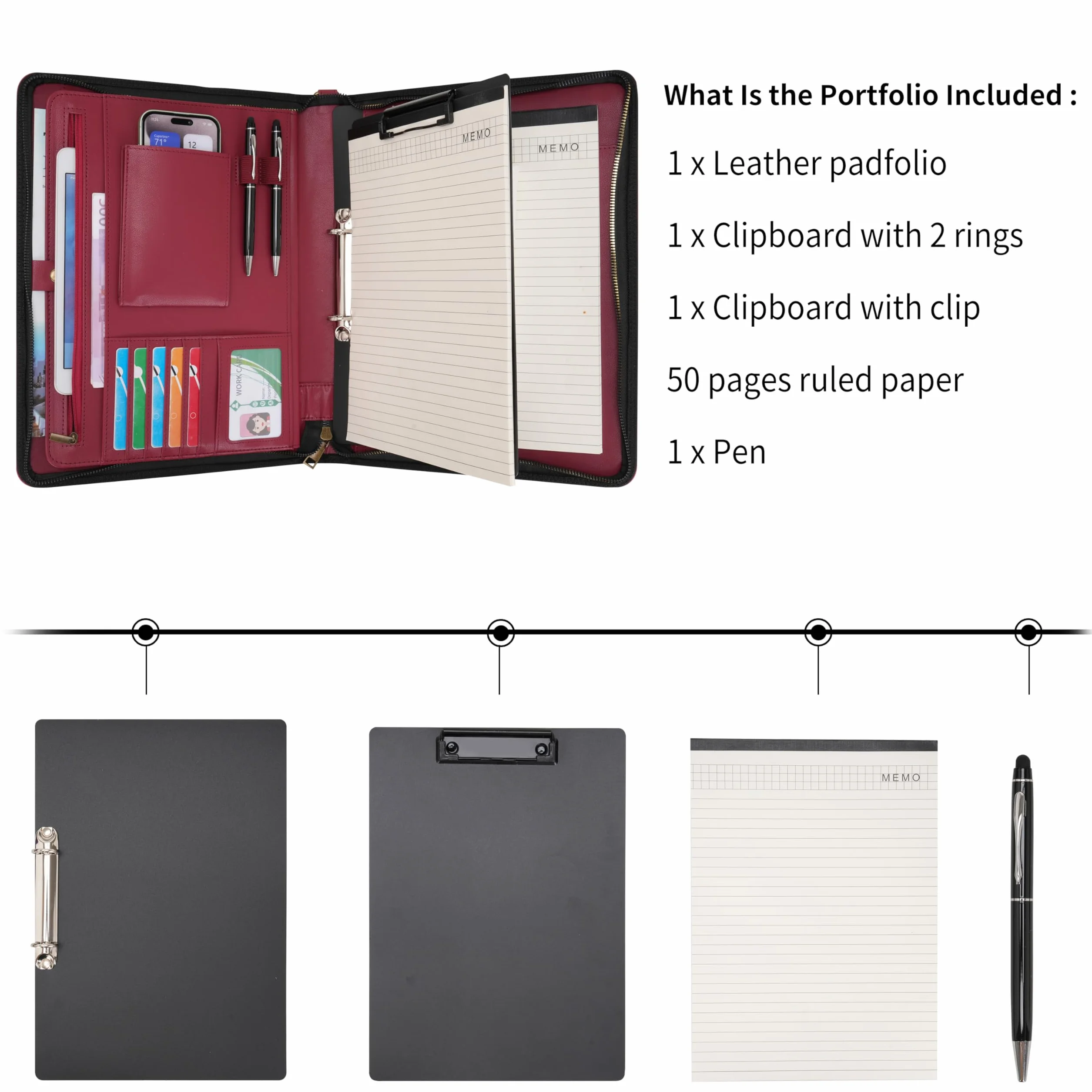 Wason Porte-documents A4 Cuir PU Fermeture Éclair Padfolio Classeur Anneaux Détachable Support Bloc-Notes Organiseur Conférence Rouge
