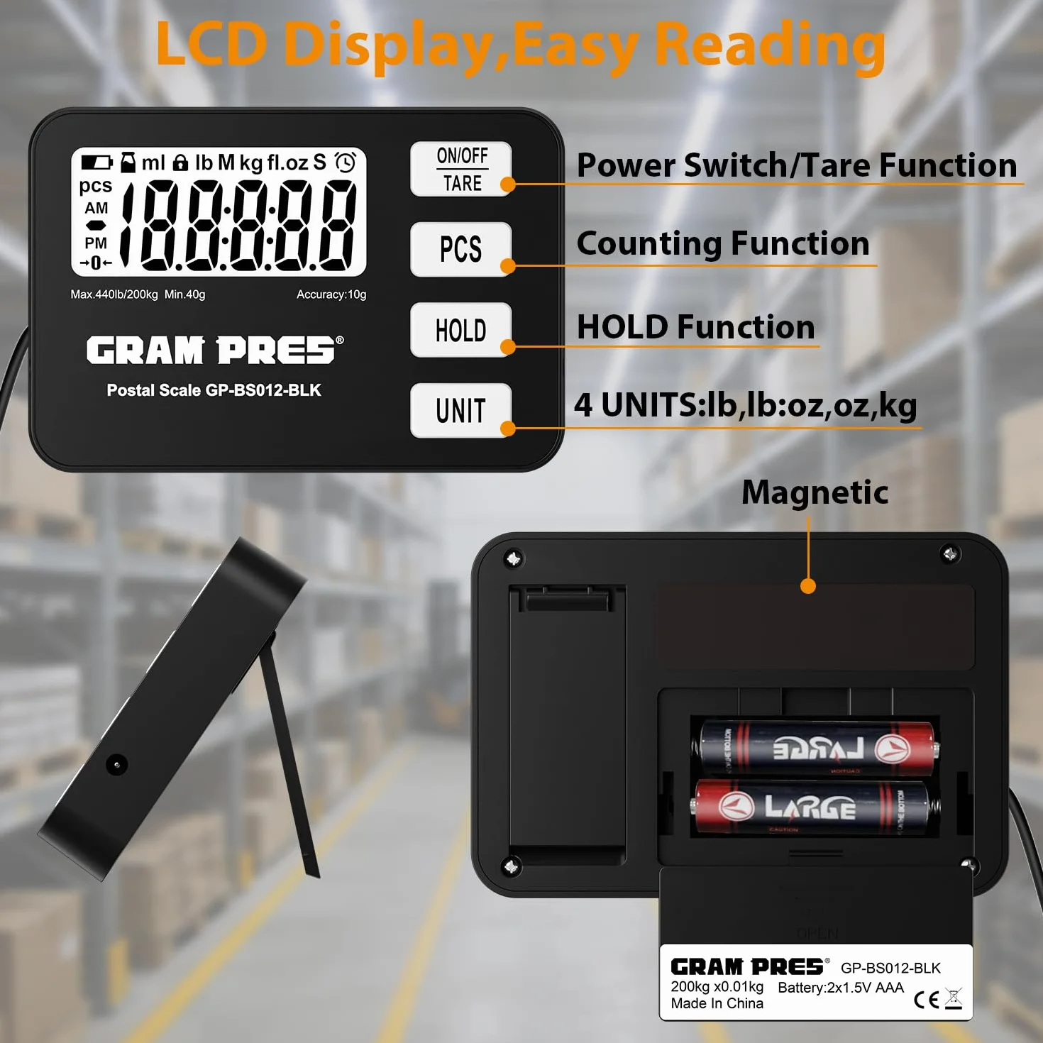 GRAM PRES Balance d'expédition numérique 200 kg/10 g LCD Maintien Tara Pièces