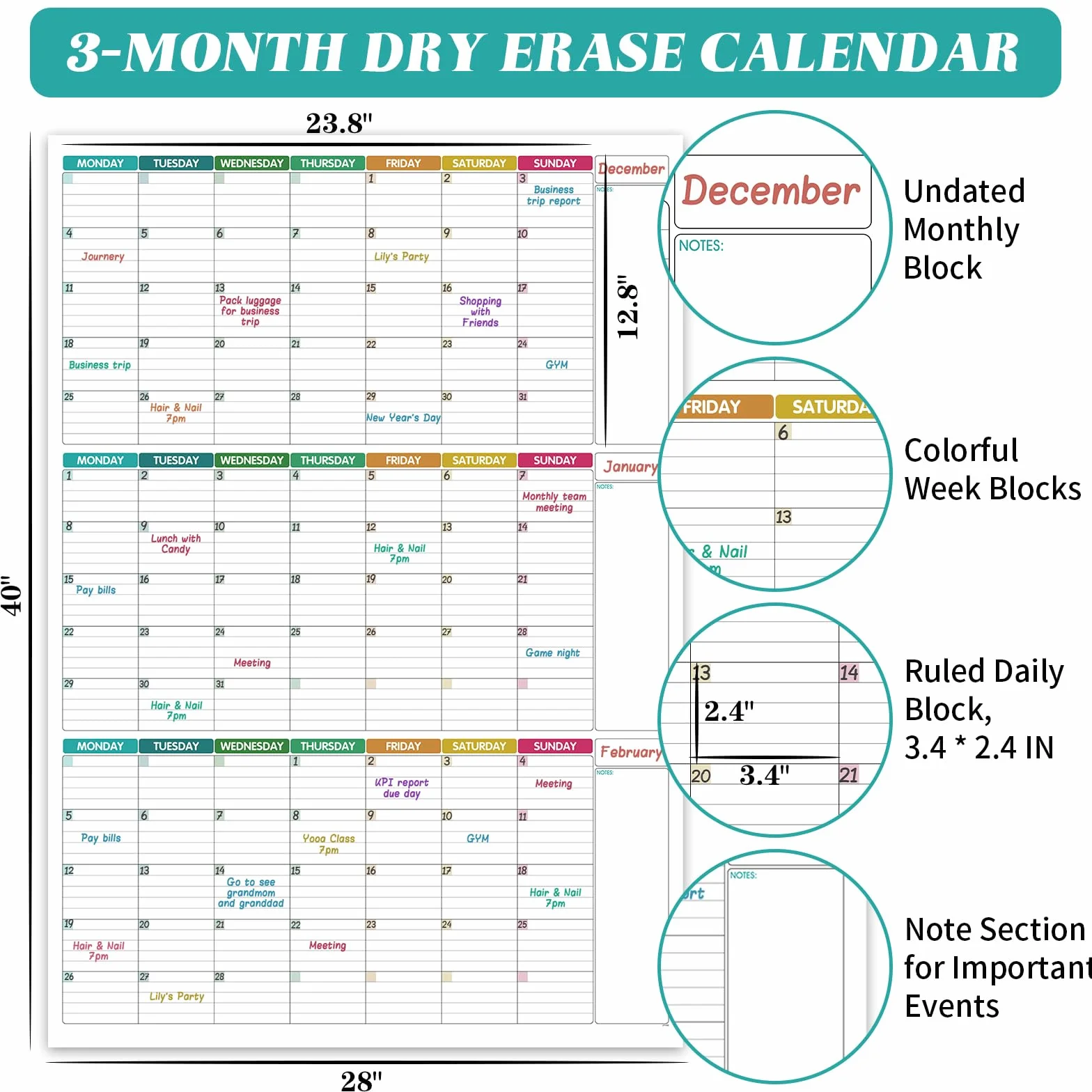 Grand calendrier mural non daté 101 x 73 cm – Planificateur trois mois effaçable à sec réutilisable, affiche plastifiée géante organisateur d'objectifs et tâches