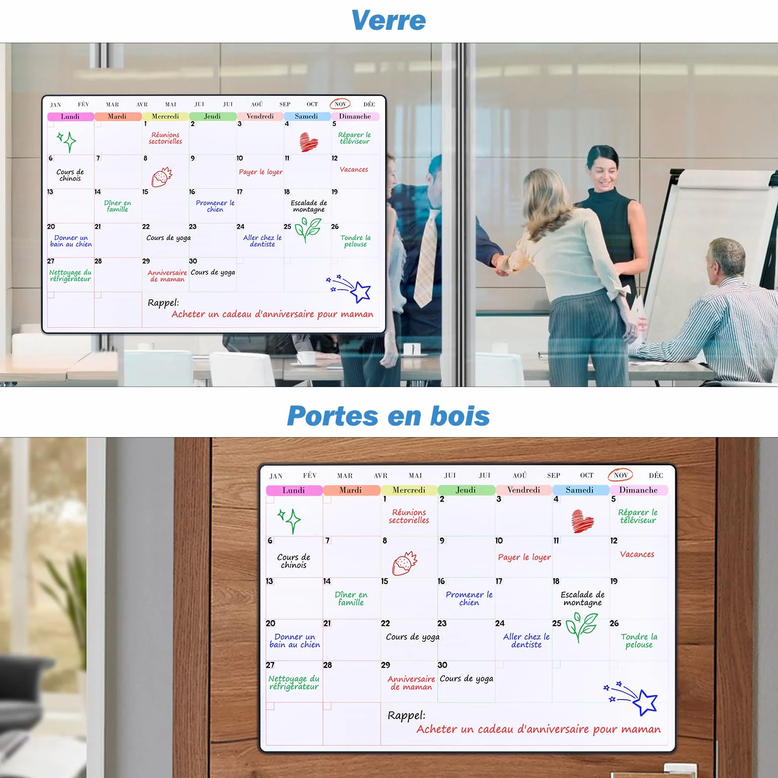 POPRUN Calendrier Adhésif Tableau Blanc Planning Mural 60x40 cm Planificateur Mensuel Semainier Effaçable