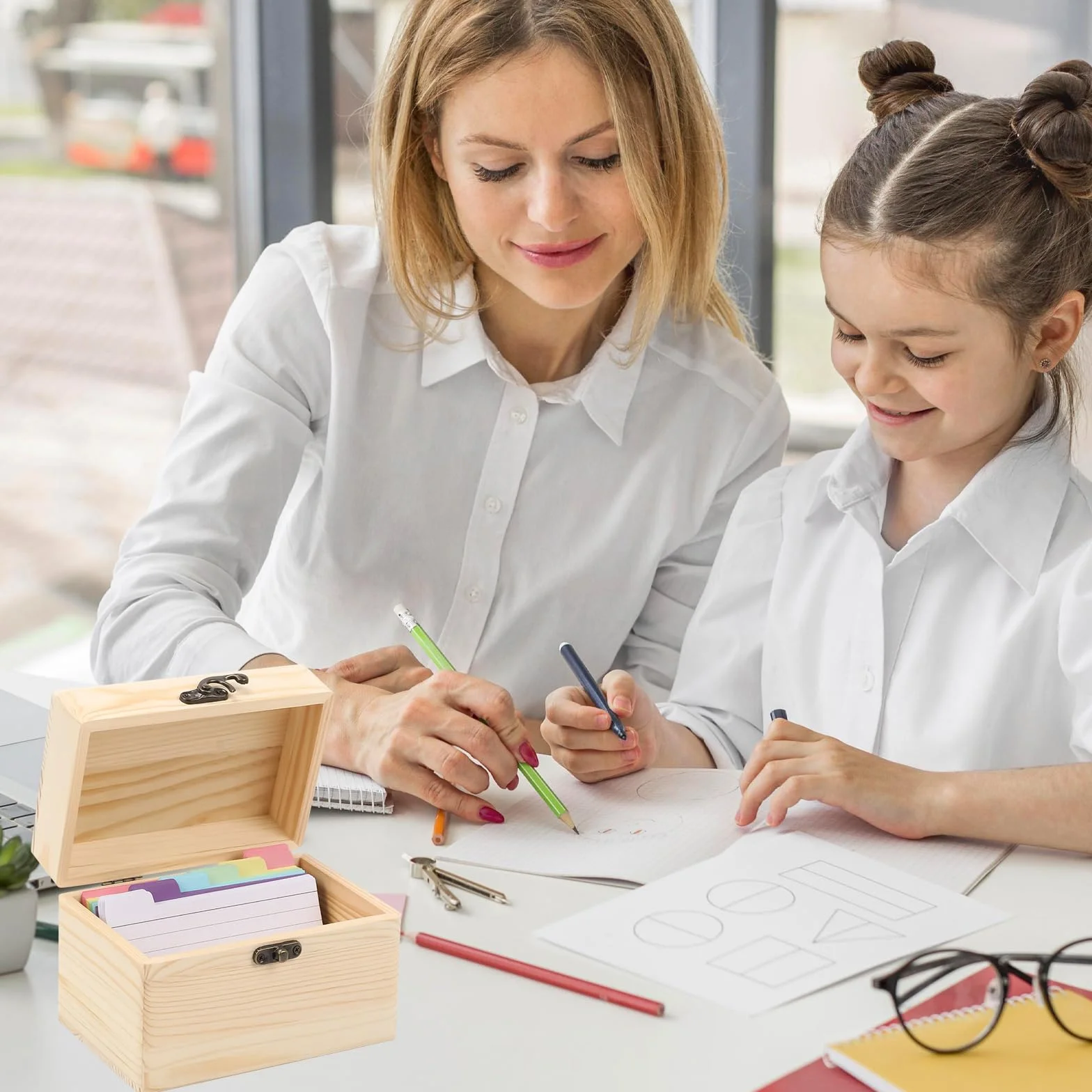 Caisse en bois A6 robuste 15 x 10,4 x 10 cm avec 150 jetons boîte de recettes pour voyage vocabulaire apprentissage