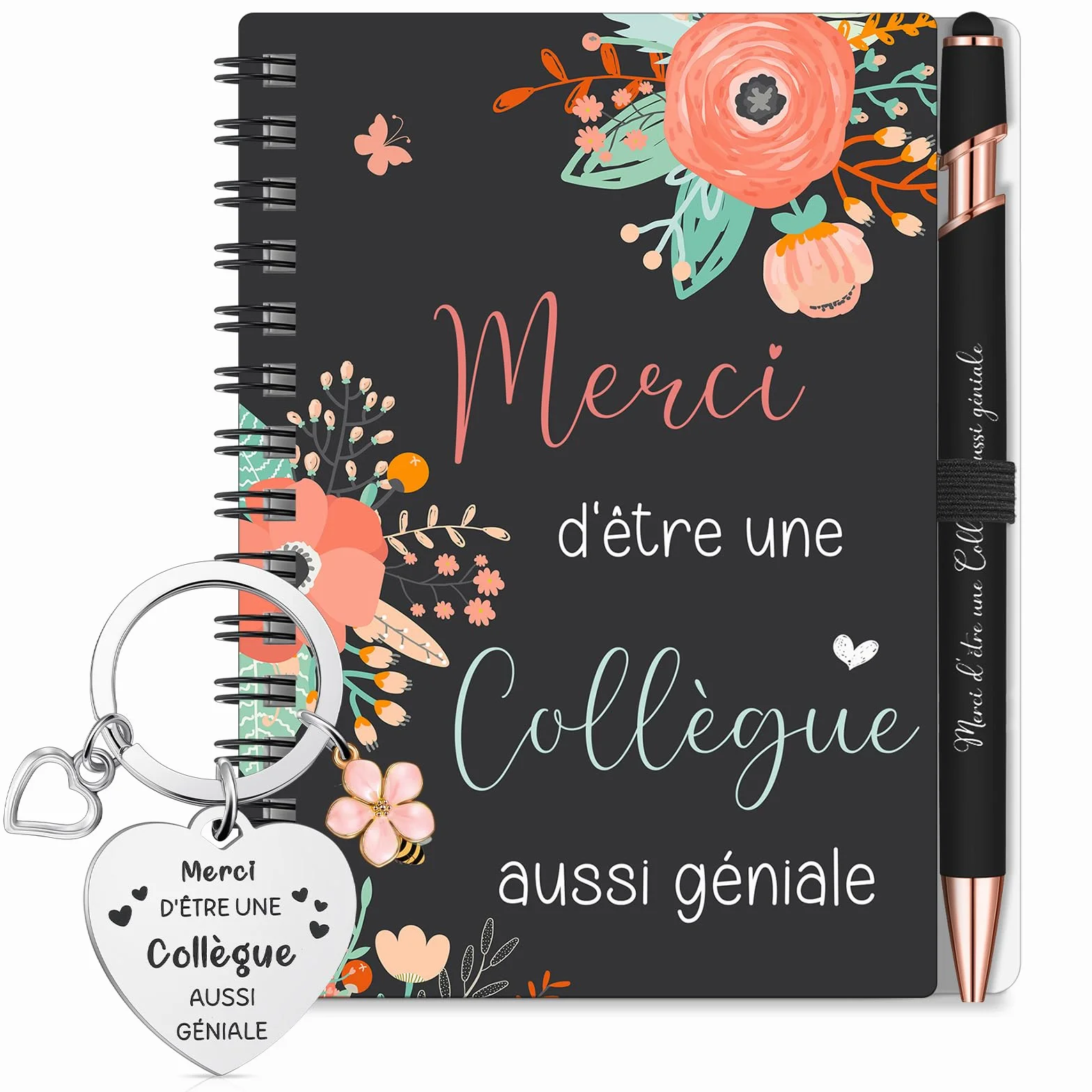 Sinmoe Cadeau pour Collègue Femme Set 3 Pièces Mini Carnet Spirale Stylo Noir Porte-Clé Fleur Départ Retraite