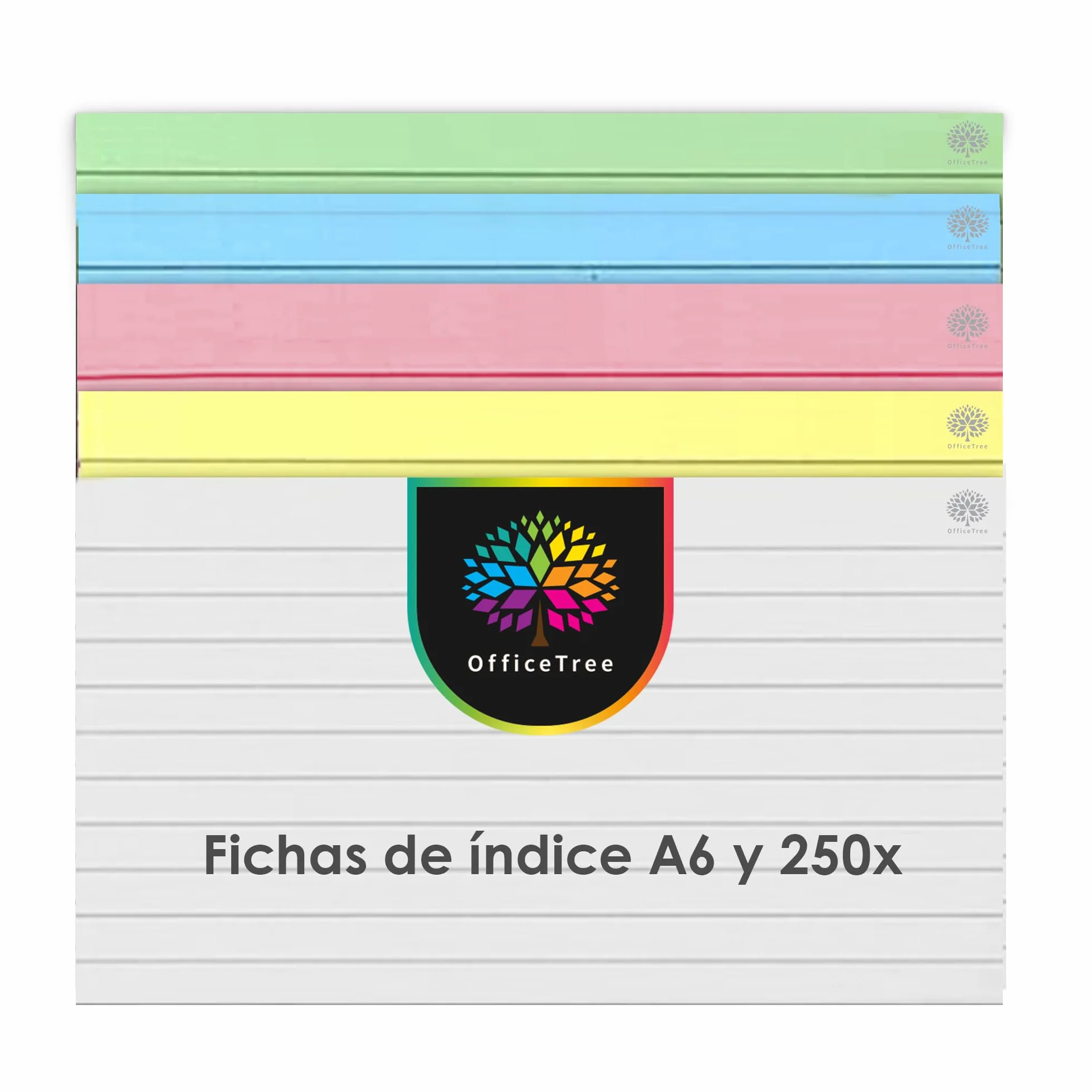 OfficeTree 250x Flash Cards A6 Lignées 5 Couleurs - Fiches Bristol pour Études et Révision