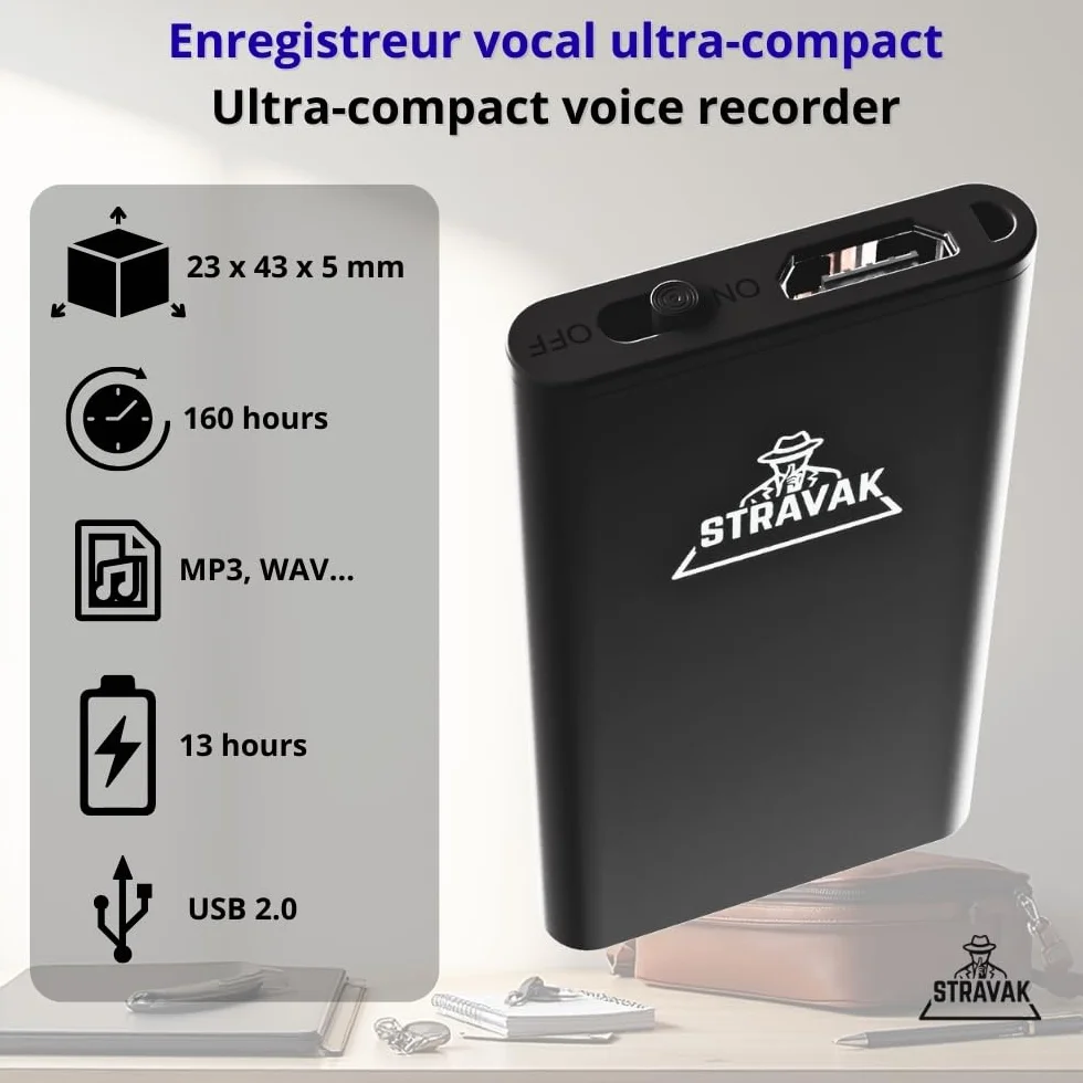 Micro Espion 8 Go Mini Enregistreur Vocal Ultra-Discret 43 x 23 x 5 mm Haute Sensibilité Longue Autonomie