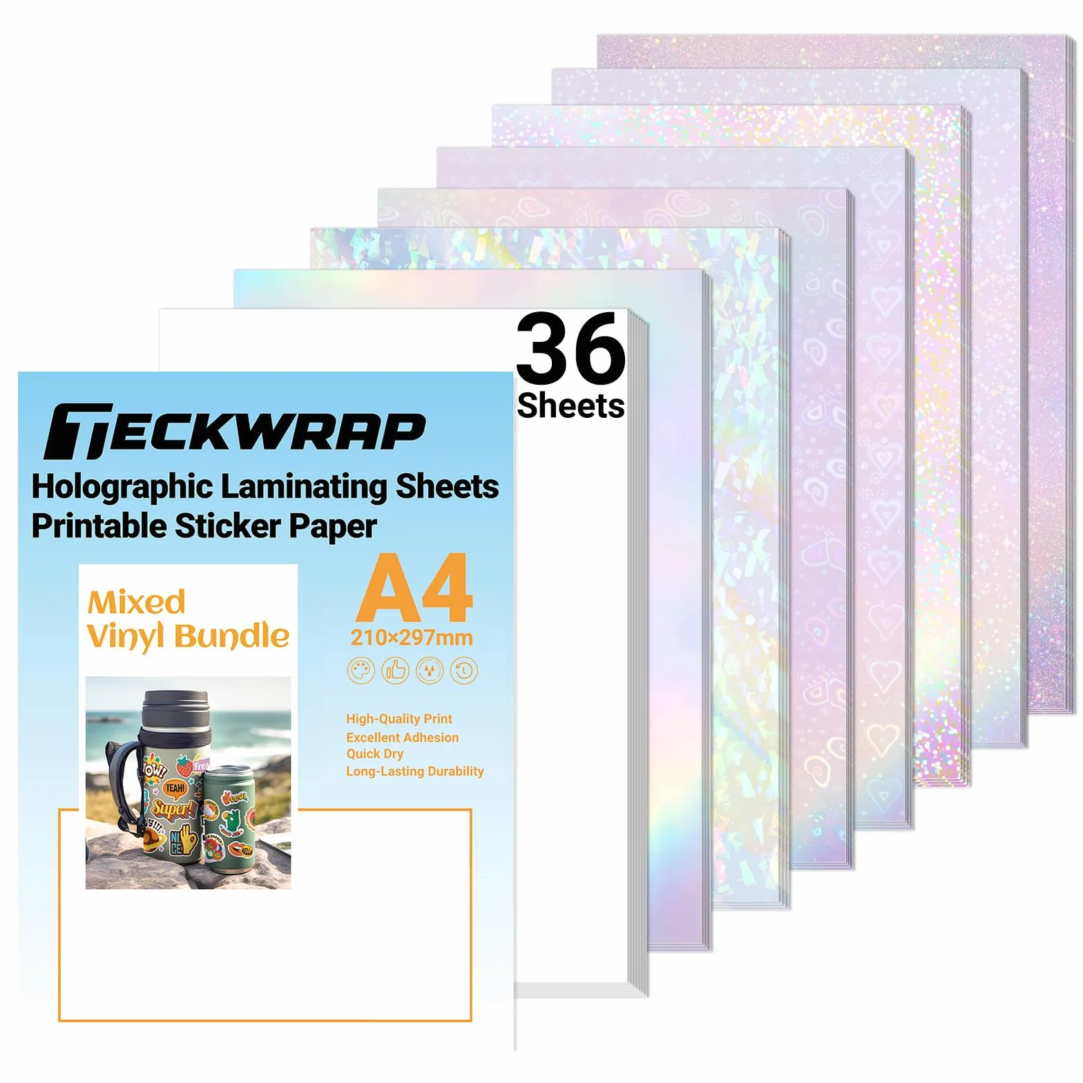 TECKWRAP Papier adhésif holographique vinyle blanc mat imprimable A4 21,6 x 27,9 cm scrapbooking