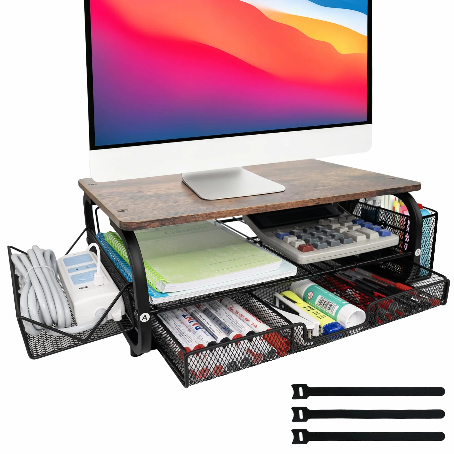 Support d'Écran Vintage 30kg/66lbs - Élévateur Ergonomique Multifonction pour Bureau avec Plateau et Attaches Câbles - Brun Rétro