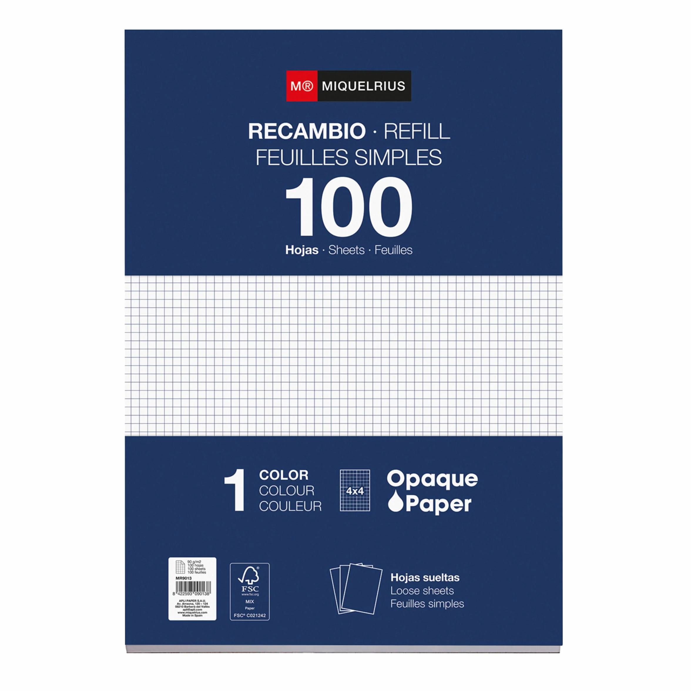 Miquelrius Bloc de recharge A4 100 feuilles quadrillées 4x4 mm Papier 90 g/m²