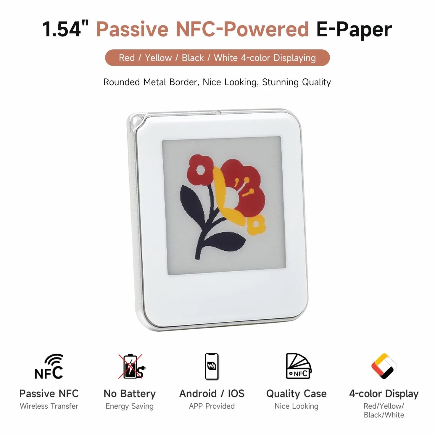 Waveshare 1.54inch Passive NFC-Powered E-Paper Red/Yellow/Black/White 4-Color Display Wireless Powering Data Transfer Silver Metal Border