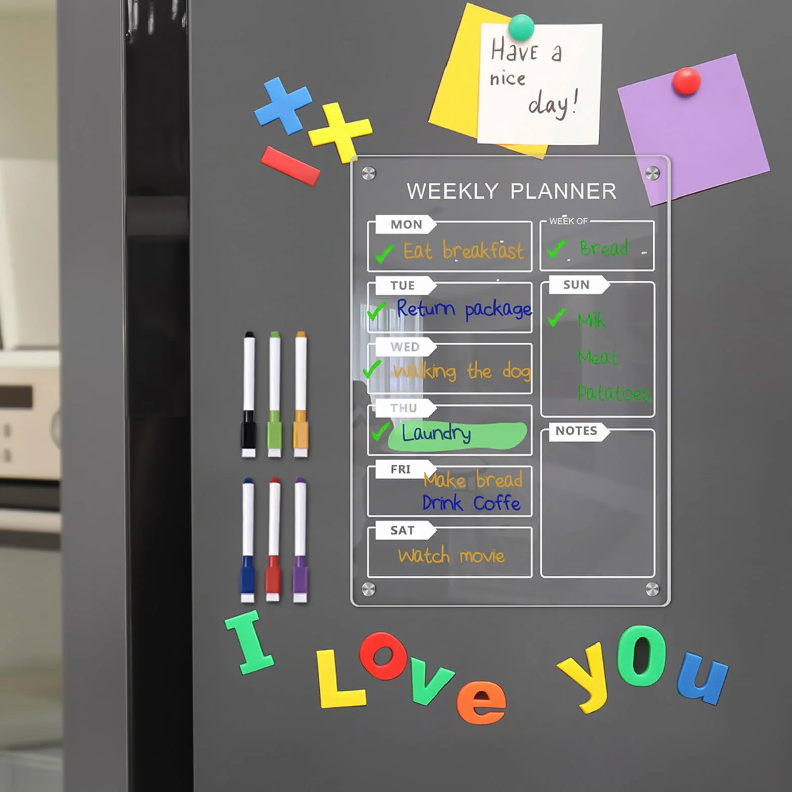 Tableau Frigo Magnétique Transparent A4 Effaçable avec 12 Marqueurs Couleurs