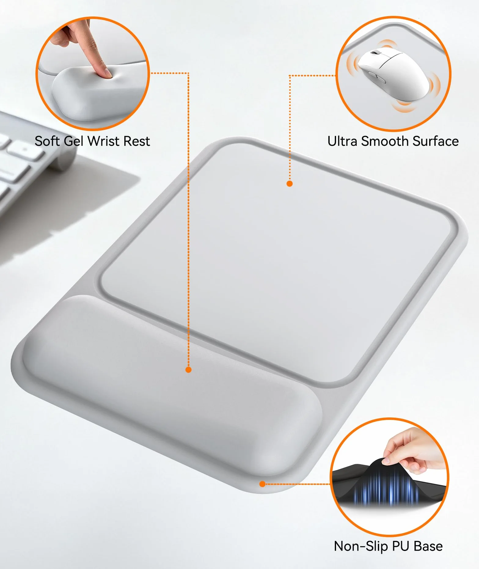 Tapis de Souris Ergonomique avec Repose-Poignet Creusé Gel, Base Antidérapante, Bureau & Gaming (Gris Clair)