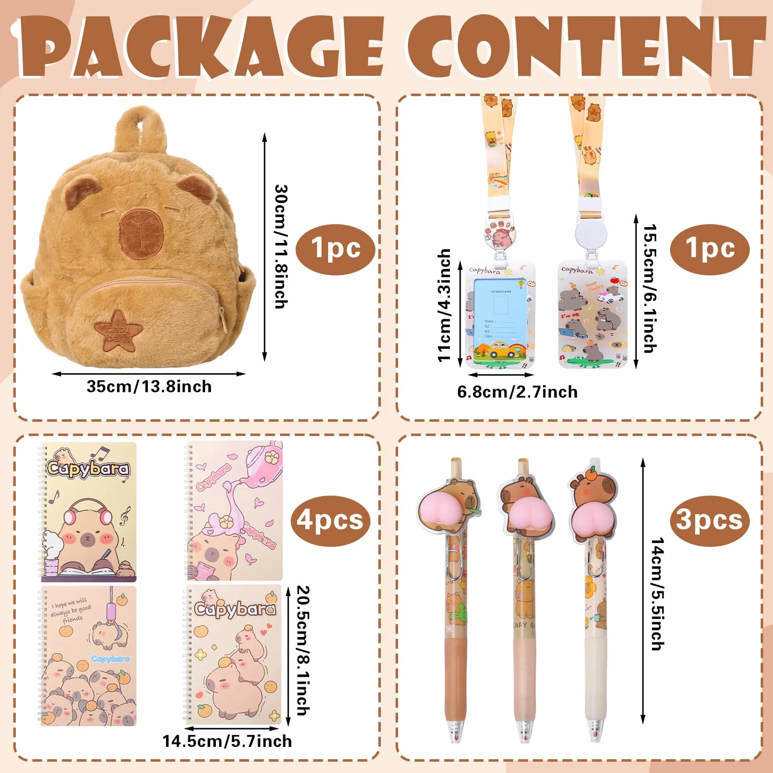 Cartable Scolaire Capybara Peluche Ensemble de Papeterie Sac à Dos Cadeau pour Fille 2-8 Ans