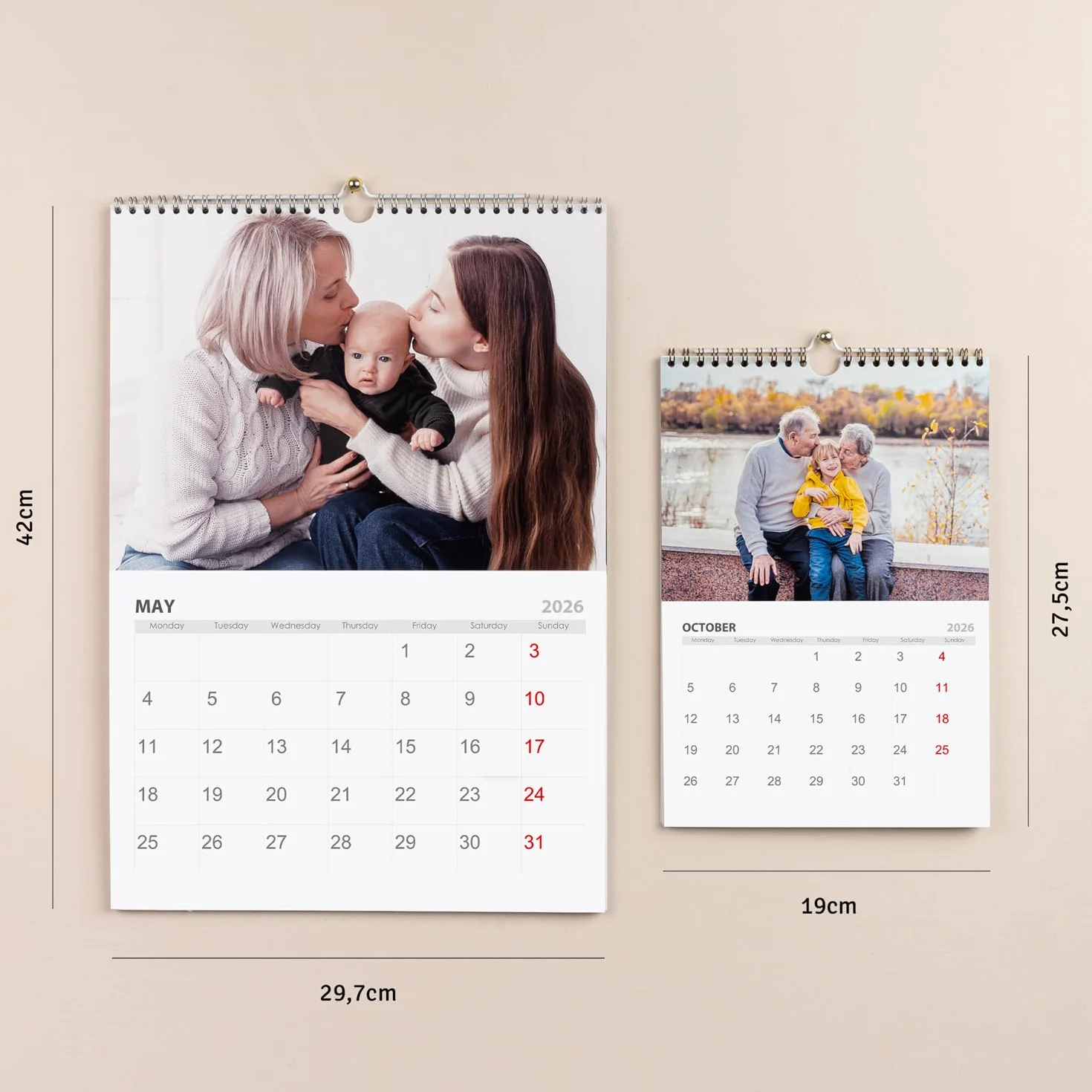 Calendrier 2026 Mural Personnalisé A3 Spirale Argenté avec Vos Photos