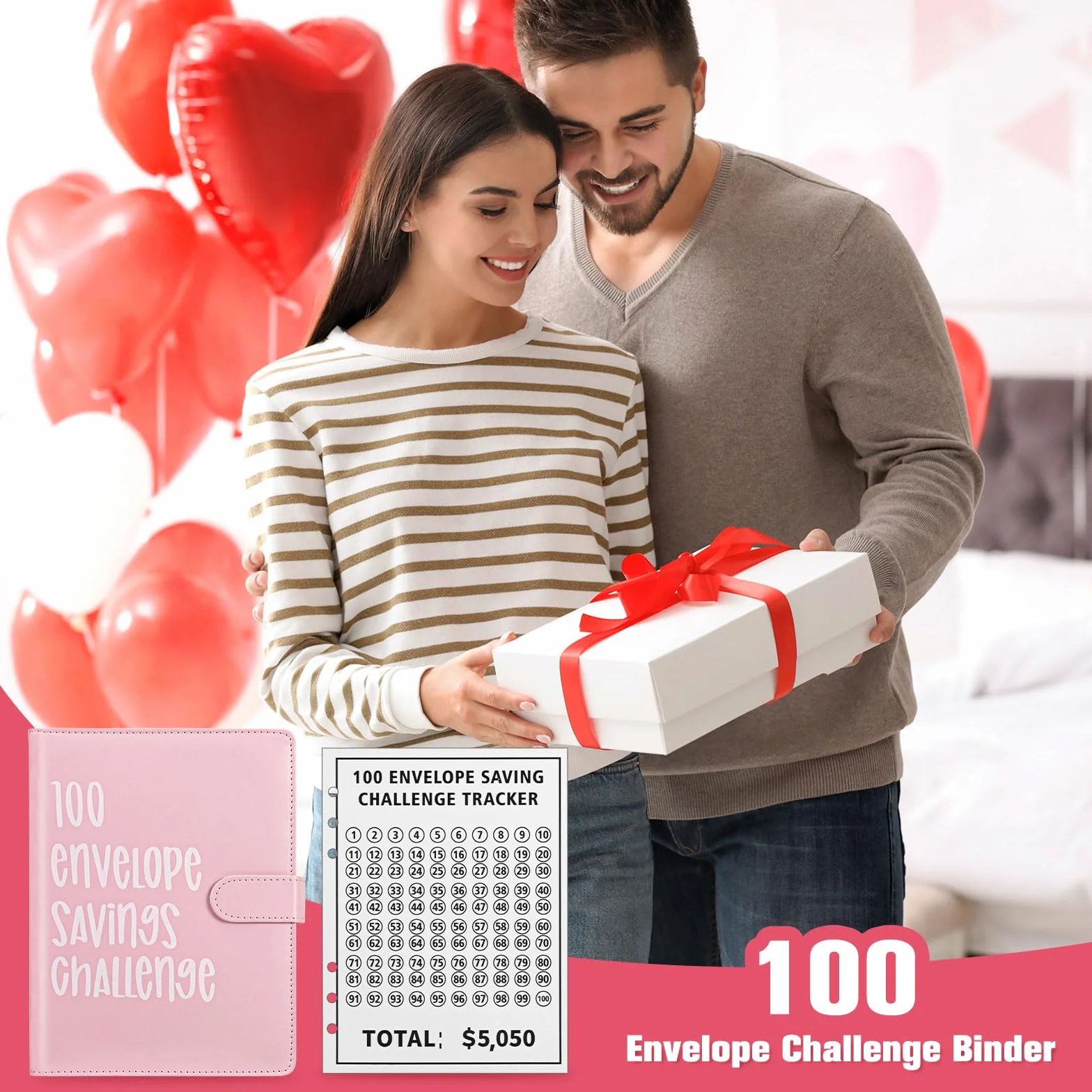 Enveloppe Budget A5 Planificateur 100 Défis d'Épargne pour Couples Rose
