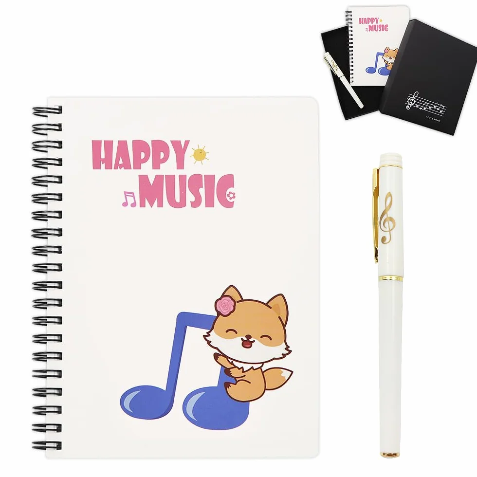 Coffret cadeau papeterie piano musical, carnet spirale feuilles mobiles avec stylo bille