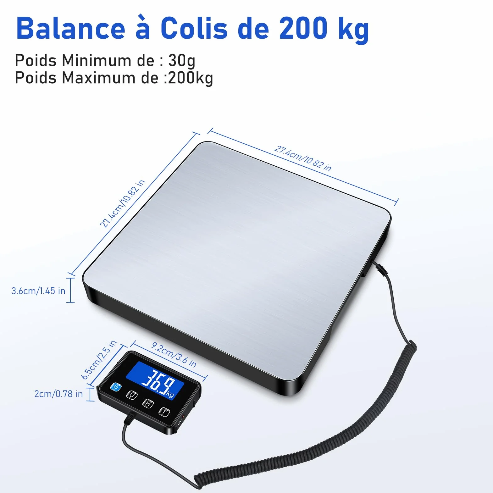Balance Colis 200kg/10g Haute Précision Acier Inoxydable avec Fonction Hold/Tara, Balance Postale Numérique Écran LCD