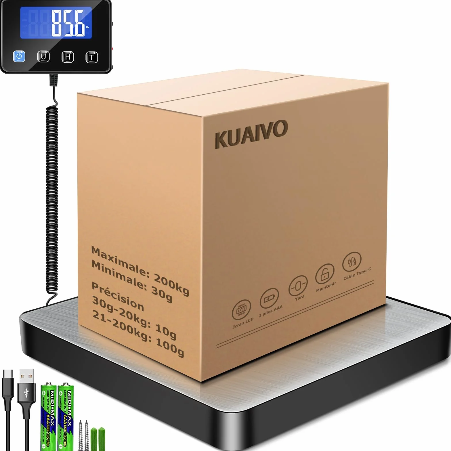 Balance Colis Numérique 200kg/10g avec Fonction Hold/Tare, Écran LCD Externe, Professionnelle