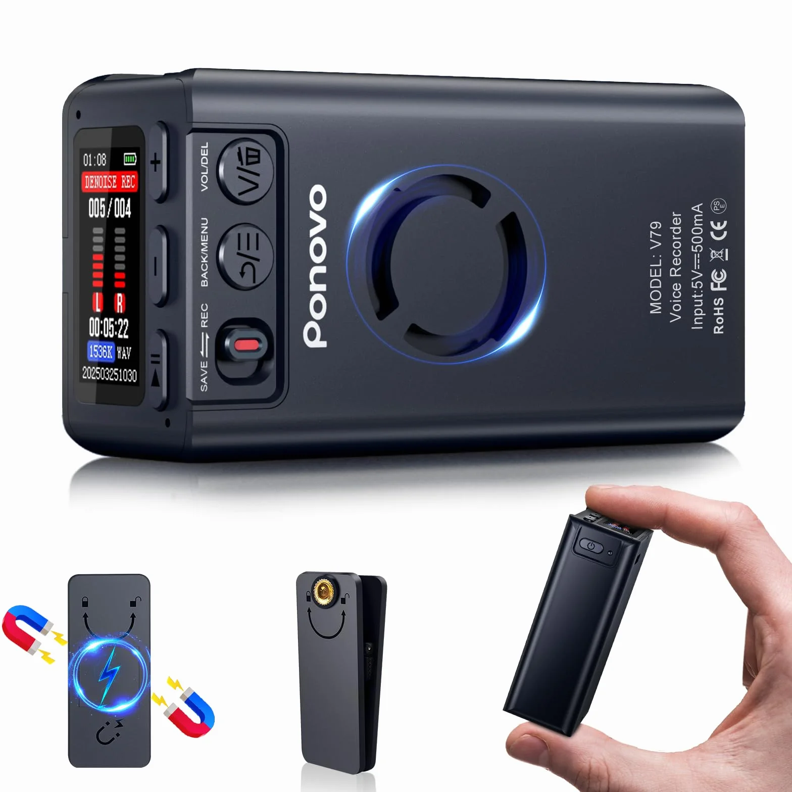 Enregistreur Vocal Numérique Magnétique 64Go, Ponovo Activation Vocale 6000mAh Dictaphone Réduction Bruit