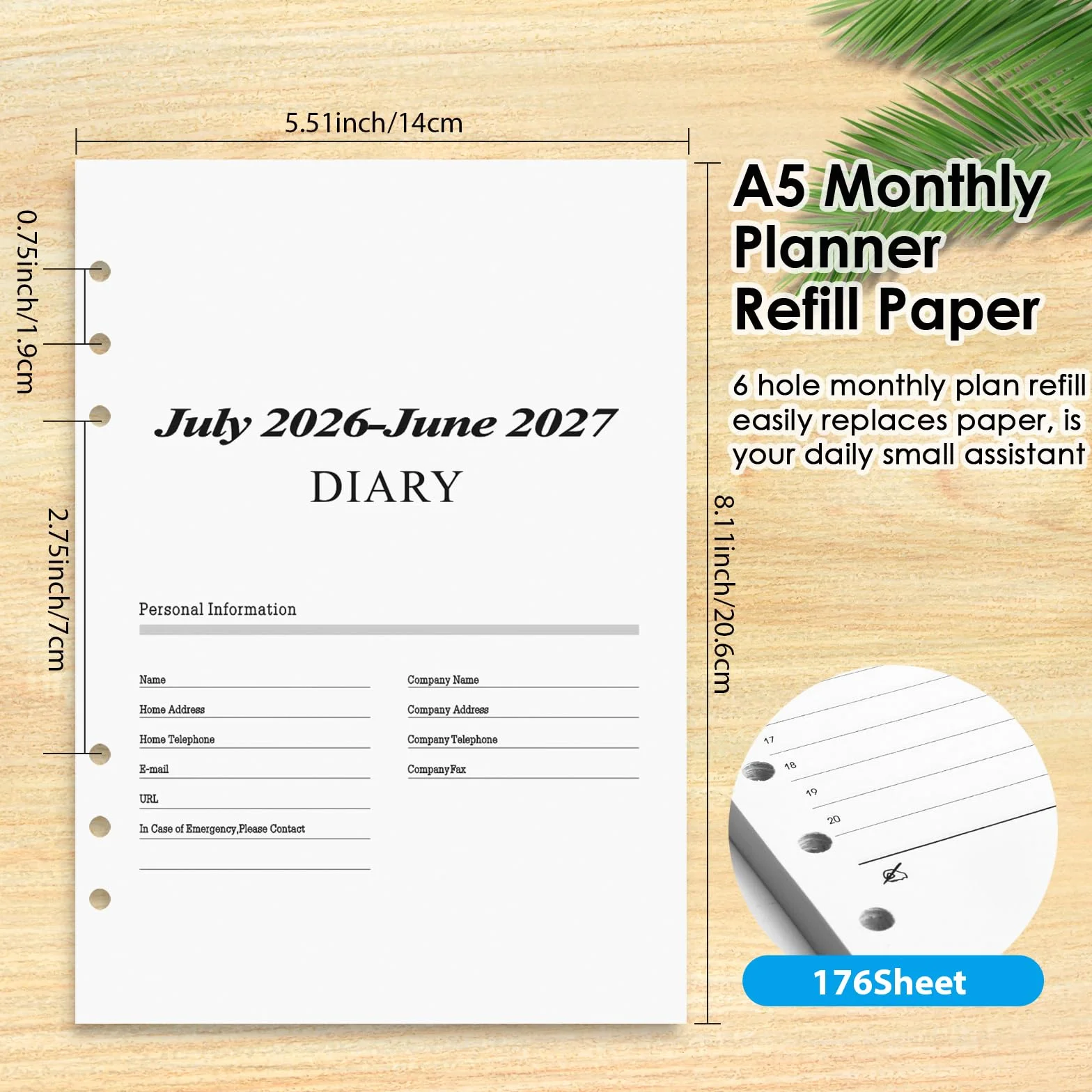Agenda Hebdomadaire 2026-2027 A5 Recharges Calendrier 6 Trous Juillet 2026 à Juin 2027 Planning Mensuel 100 g/m²