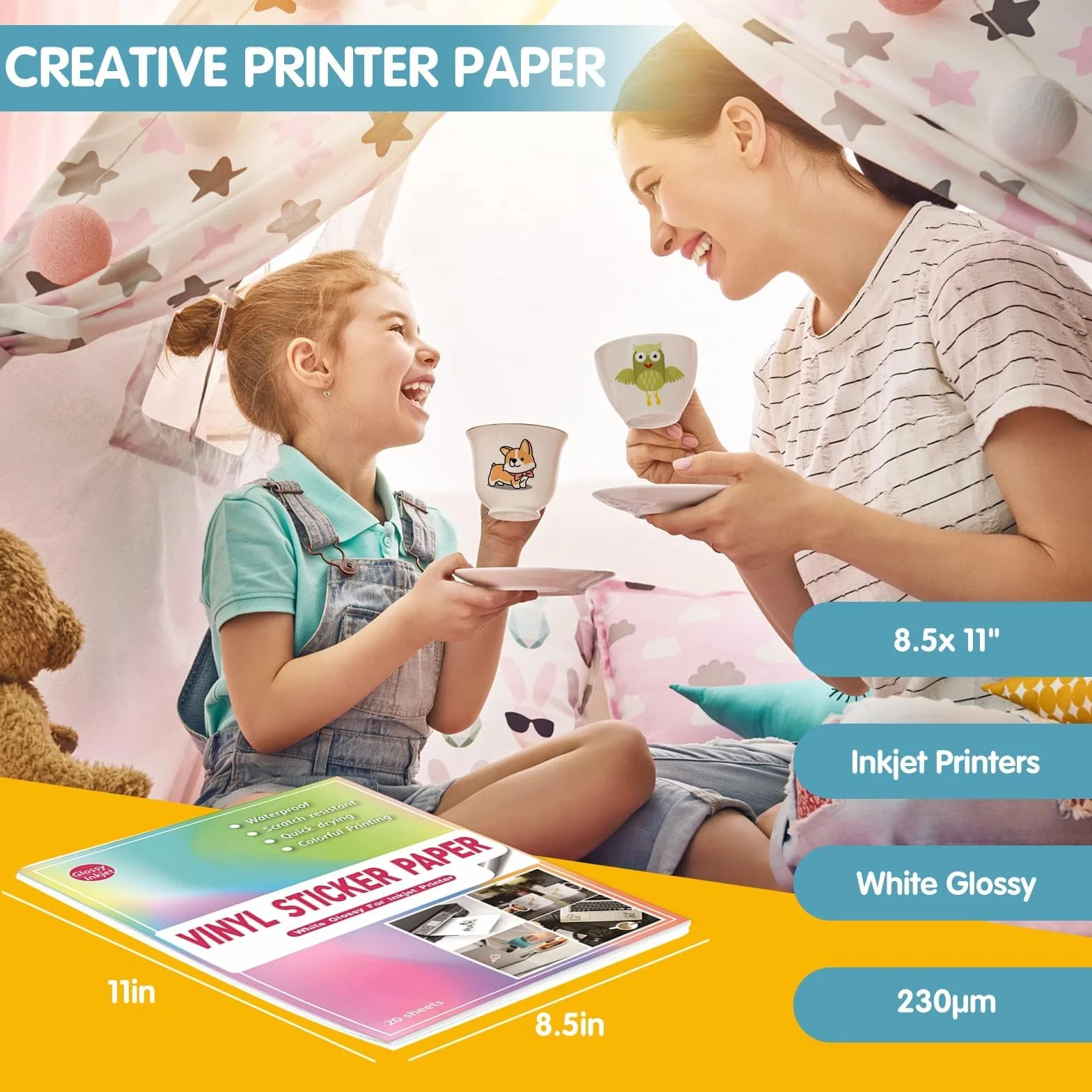 Papier autocollant vinyle imprimable imperméable A4 brillant blanc 35 feuilles pour imprimante jet d'encre
