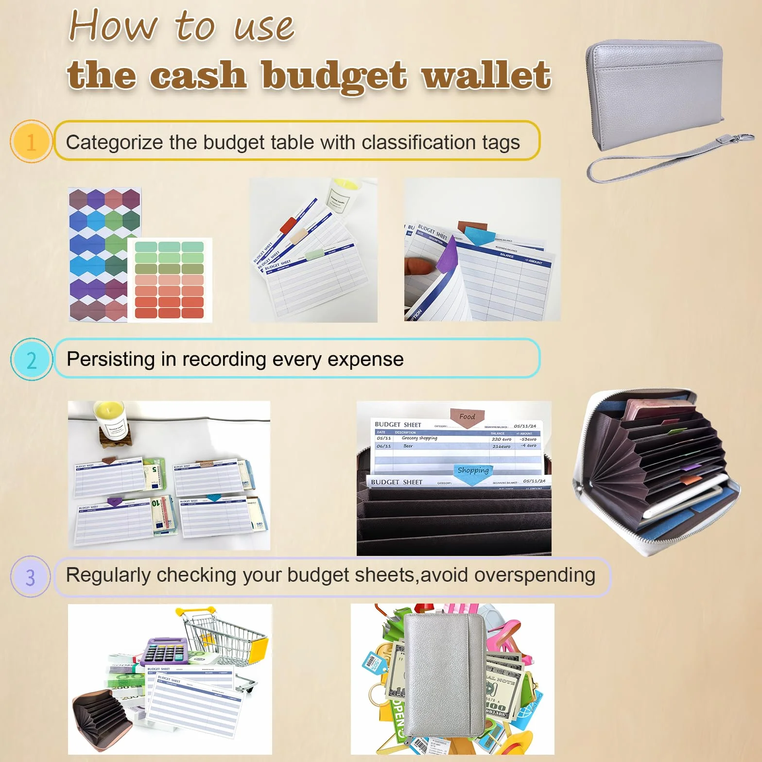 Système de budget multifonctionnel avec 12 feuilles de budget, étiquettes de catégorie et bracelet 19cm * 13cm Argent
