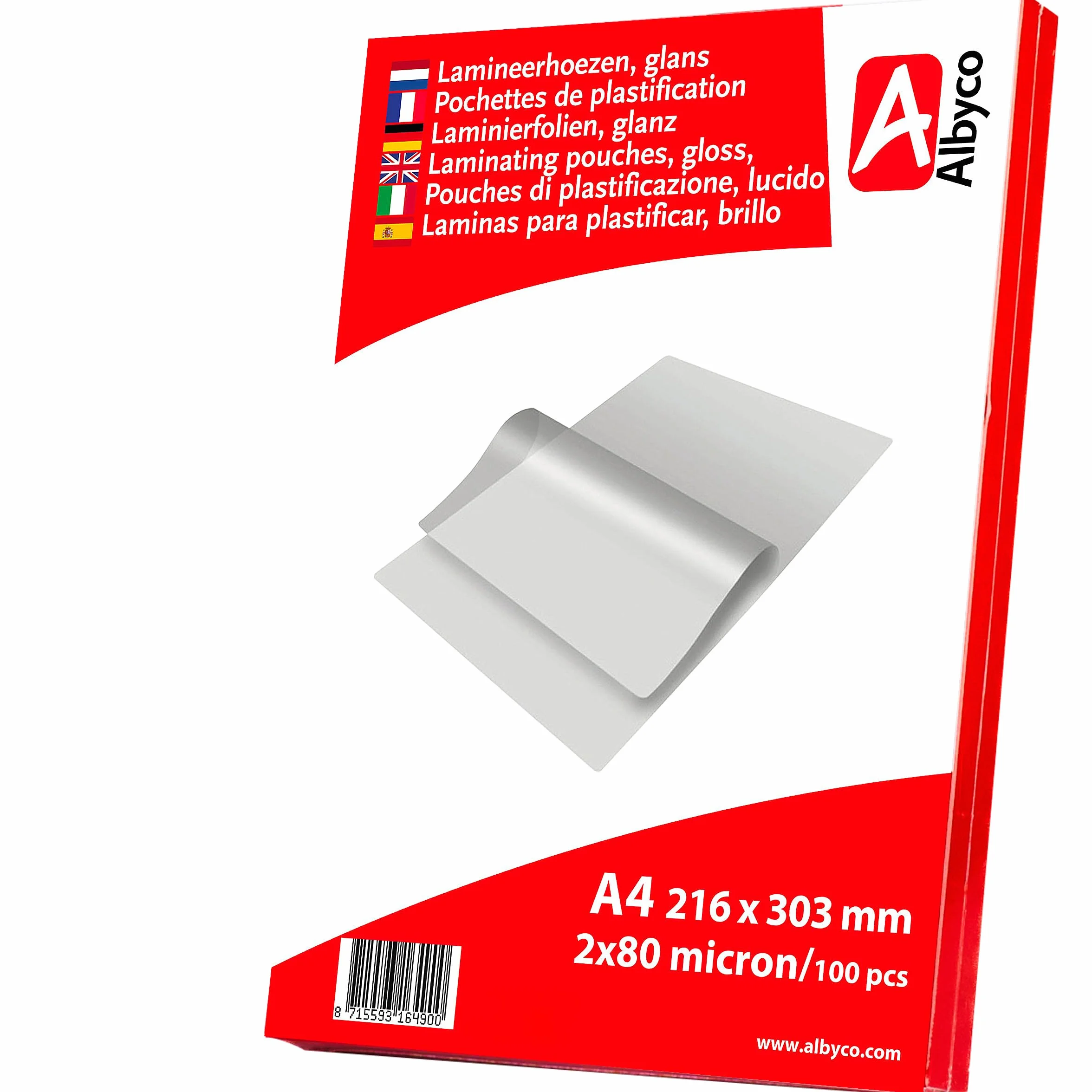 Albyco Pochettes de Plastification A4 216x303mm 2x80 Microns Brillant Paquet de 100 Pièces