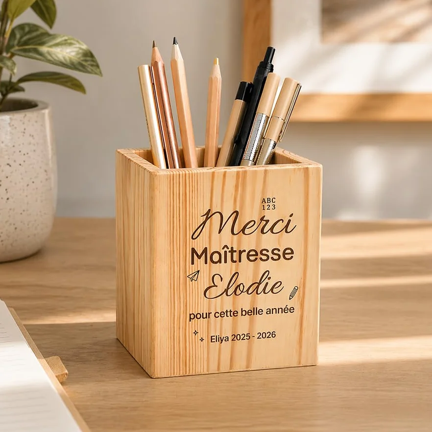 Pot à crayons personnalisé en bois avec prénom et message – Cadeau maîtresse fin d’année scolaire – Rangement bureau 10x8 cm