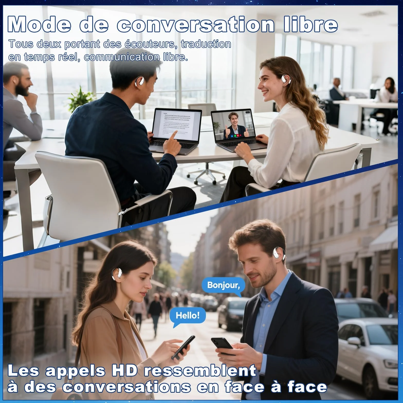 AI Ecouteur Traducteur Vocal Instantané 60H Bluetooth 5.4 Ecouteurs sans Fil Open Ear 164 Langues 3 en 1 Traduction Vocale