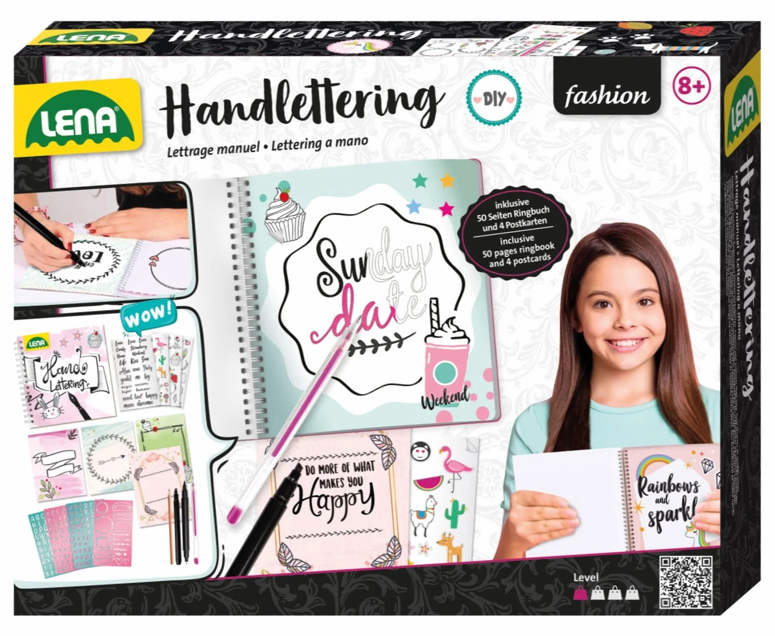 LENA Handlettering Kit de départ Set de Peinture avec carnet à Anneaux, 4 pochoirs de Lettres, 4 Crayons, 4 Feuilles d'autocollants, 4 Cartes Postales, 8 Ans
