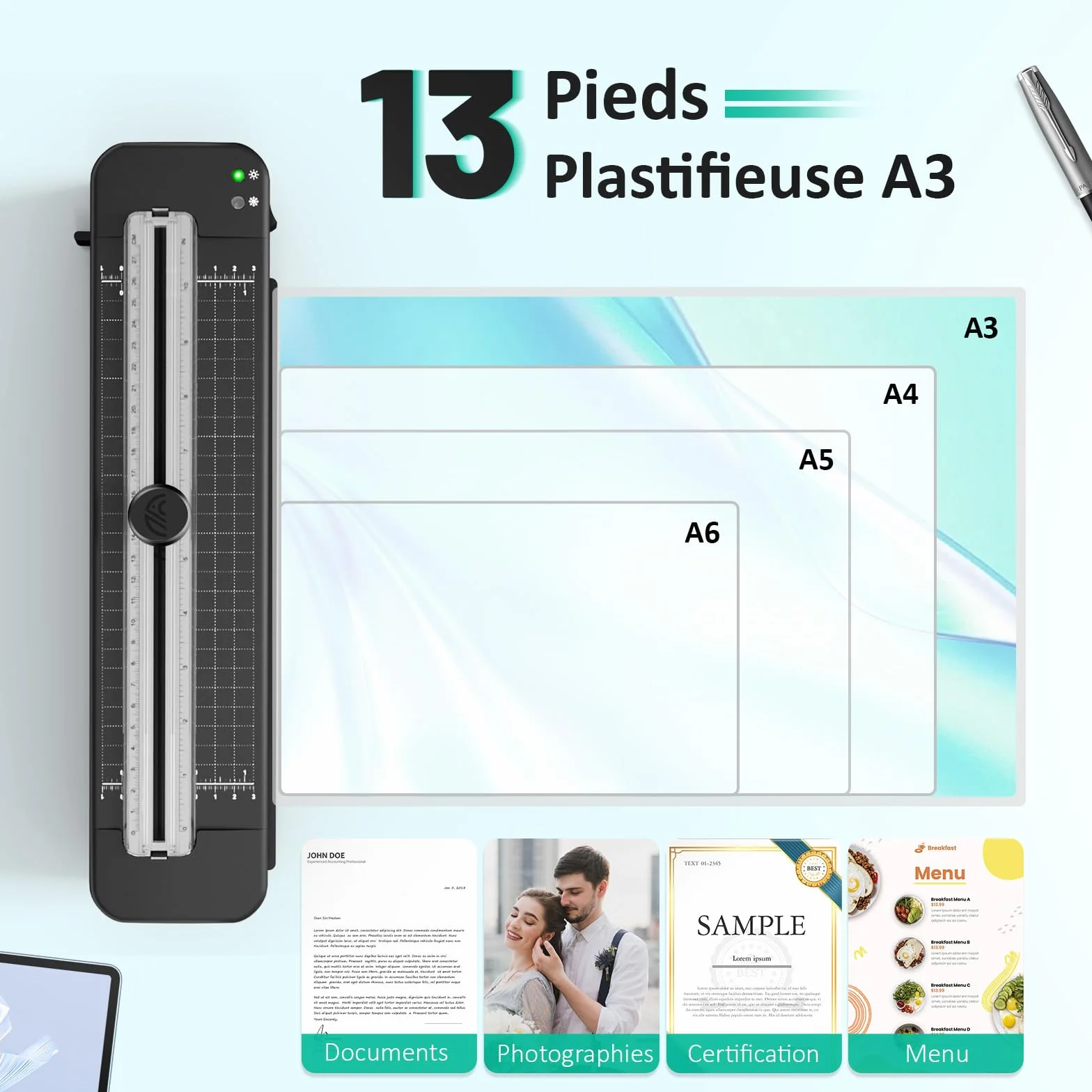 Plastifieuse A3 Thermique et à Froid, Préchauffage Rapide sans Bourrage, pour A4 A5 A6 Maison Bureau