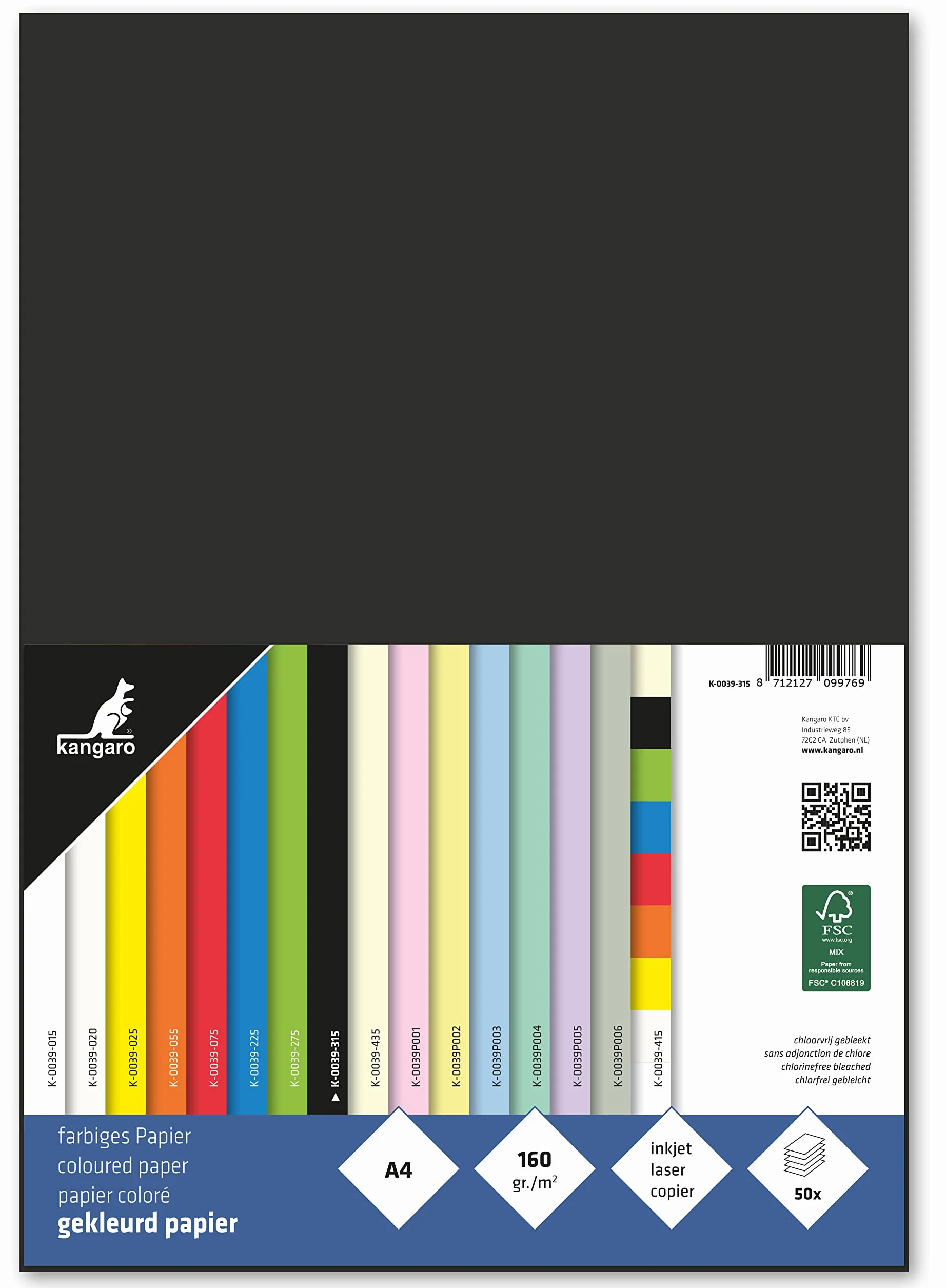 Kangaro Papier A4 160g Noir 29,7x21cm Lot de 50 Feuilles