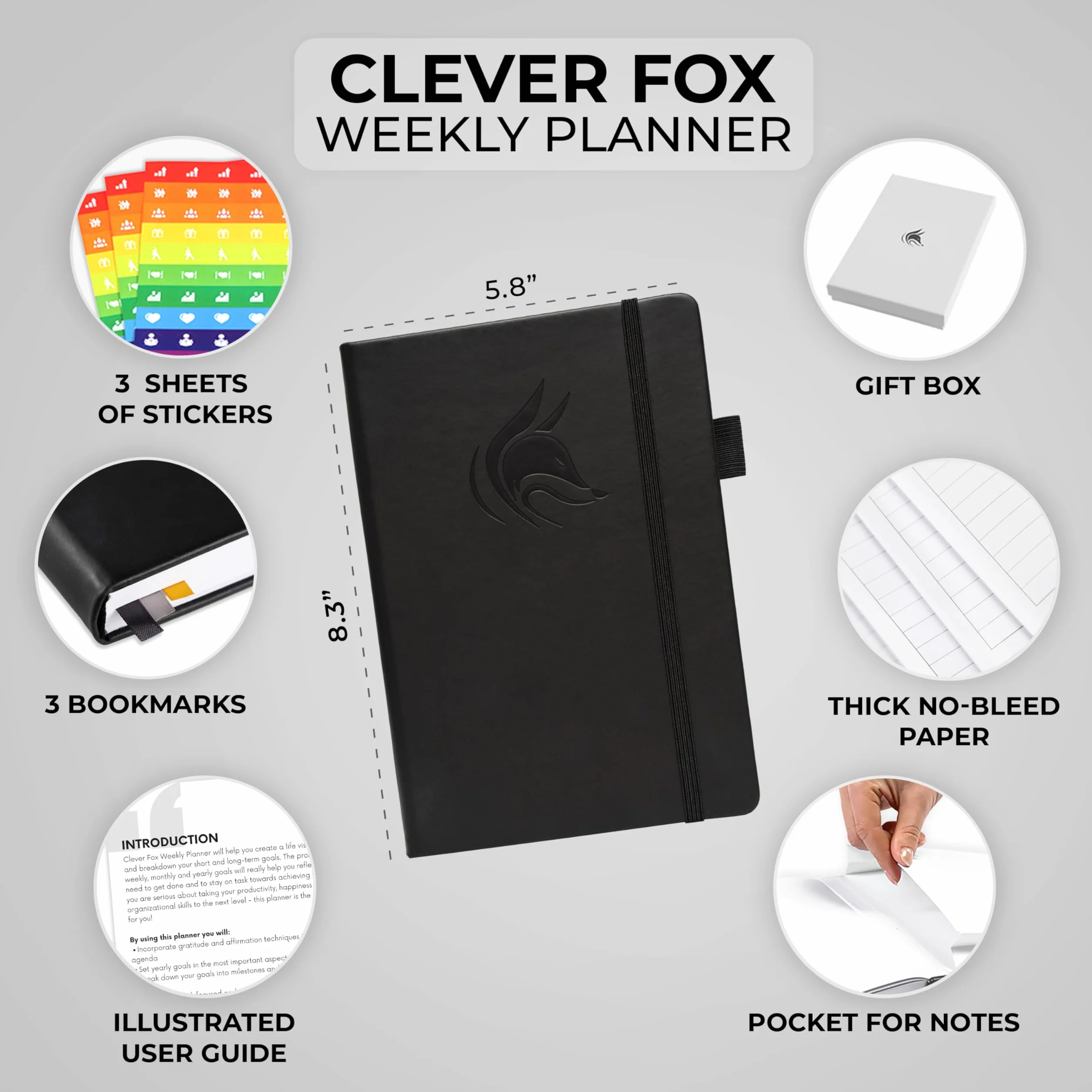 Clever Fox Planificateur Agenda Personnel Noir - Journal Quotidien et Hebdomadaire