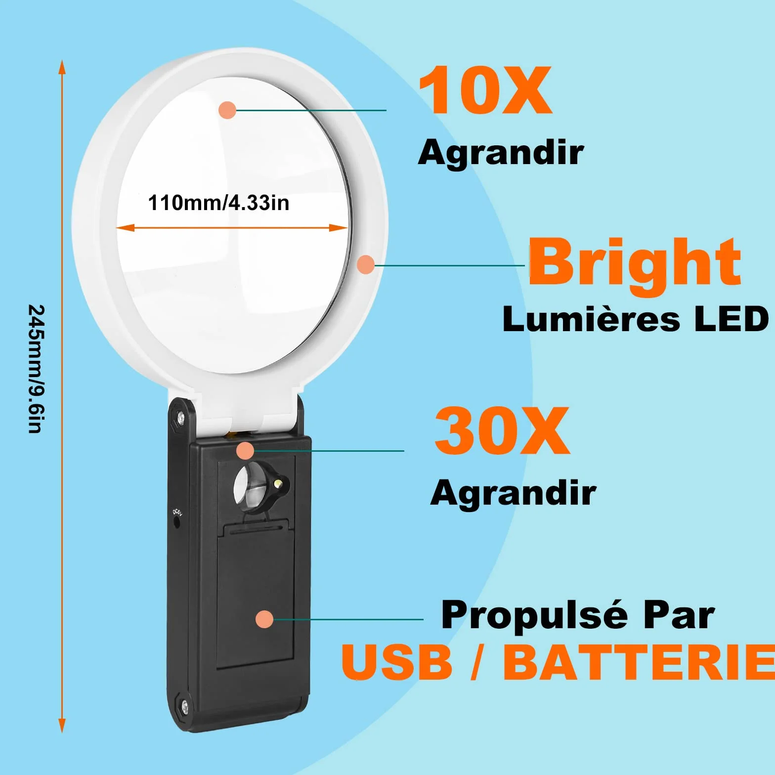 Grande Loupe 10X 30X LED Portable avec Lumière et Support