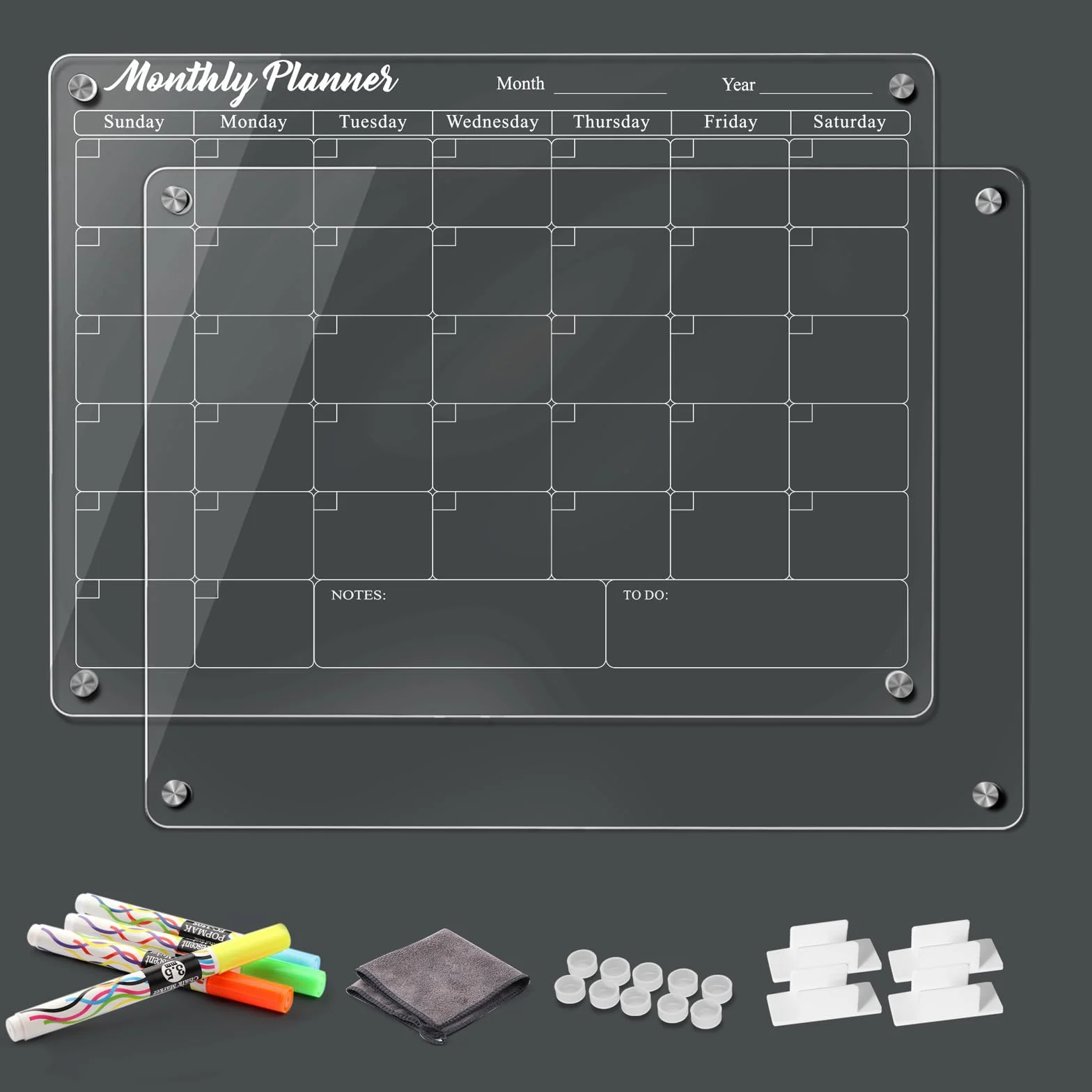 Calendrier Magnétique Frigo Lot de 2, 40x30cm Planificateur Mémo Tableau Acrylique Effaçable à Sec, 4 Marqueurs