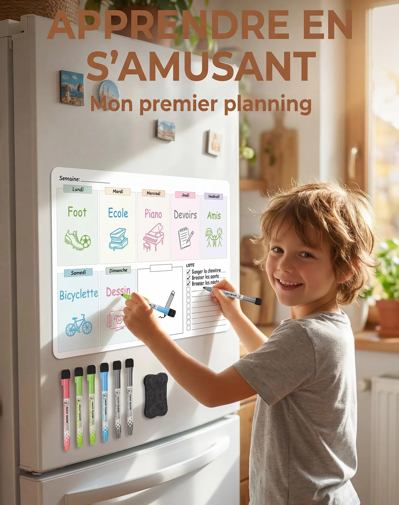 Frigo magnétique effaçable Semainier organisateur familial pour réfrigérateur Tableau blanc réutilisable menus tâches rendez-vous