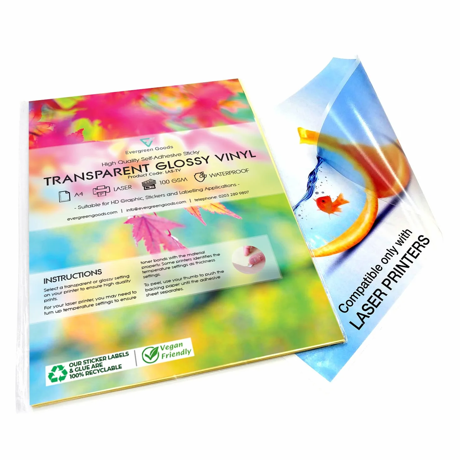 Evergreen Goods Papier autocollant vinyle transparent brillant imperméable 10 feuilles pour imprimante laser