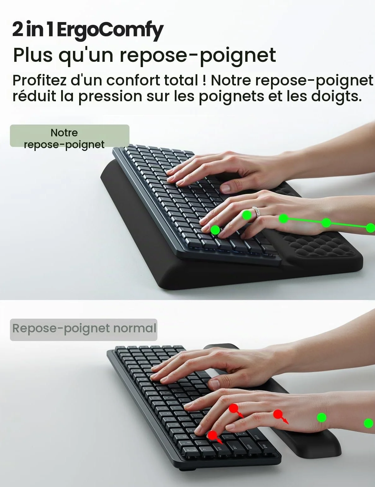 VAYDEER Repose-Poignets Ergonomique avec Rehausseur de Clavier, Support 2-en-1 en Mousse à Mémoire de Forme, Antidérapant pour Bureau – Noir