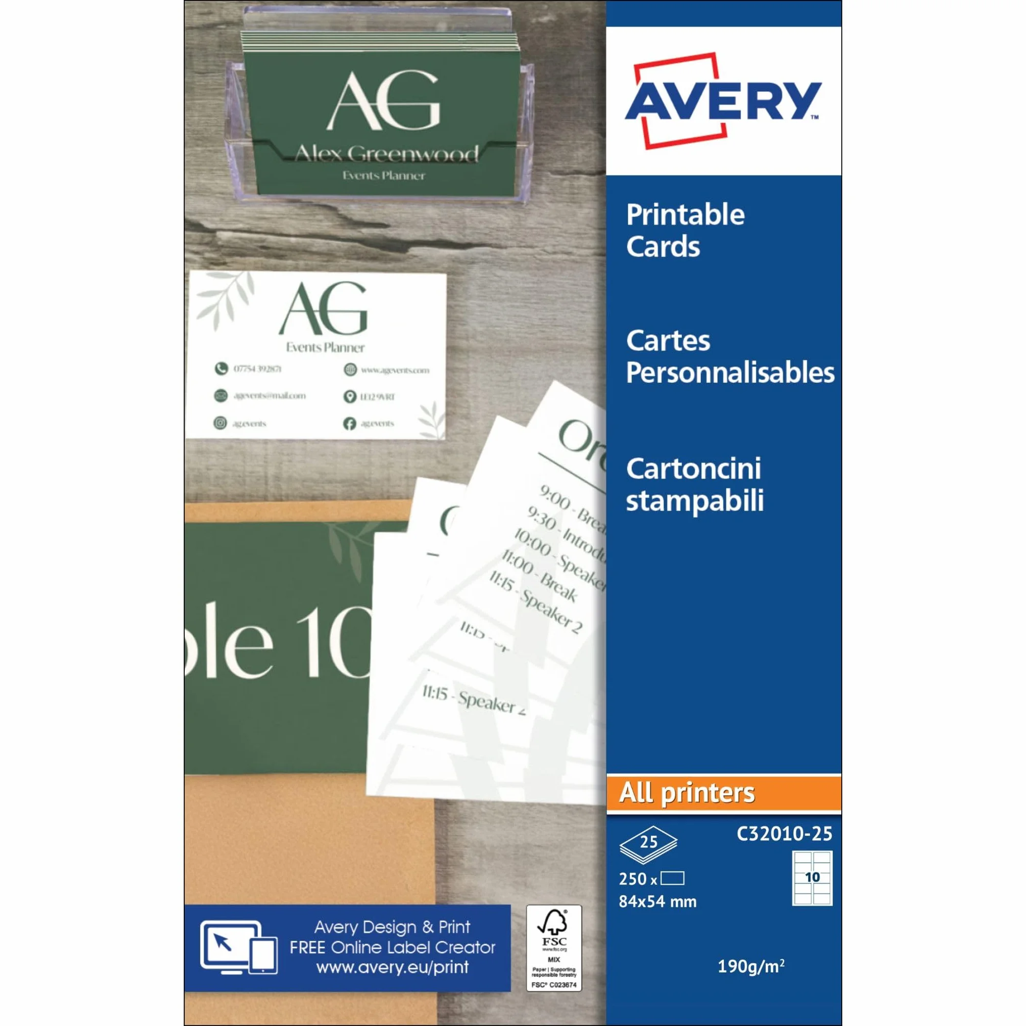 AVERY Pochette cartes de visite imprimables 250 cartes 185g/m² 85x54 mm mate