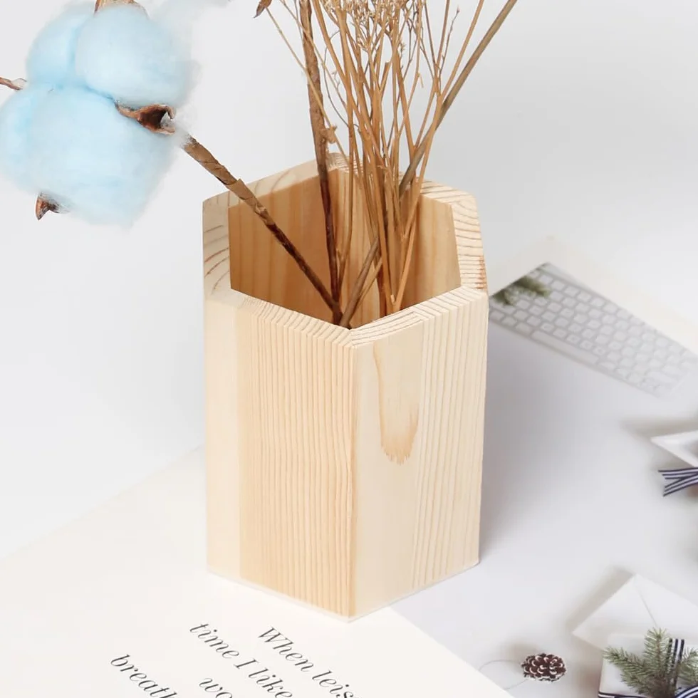Porte-stylo en Bois Formes Géométriques Cylindre Hexagone Carré Pot à Crayons Multifonctionnel